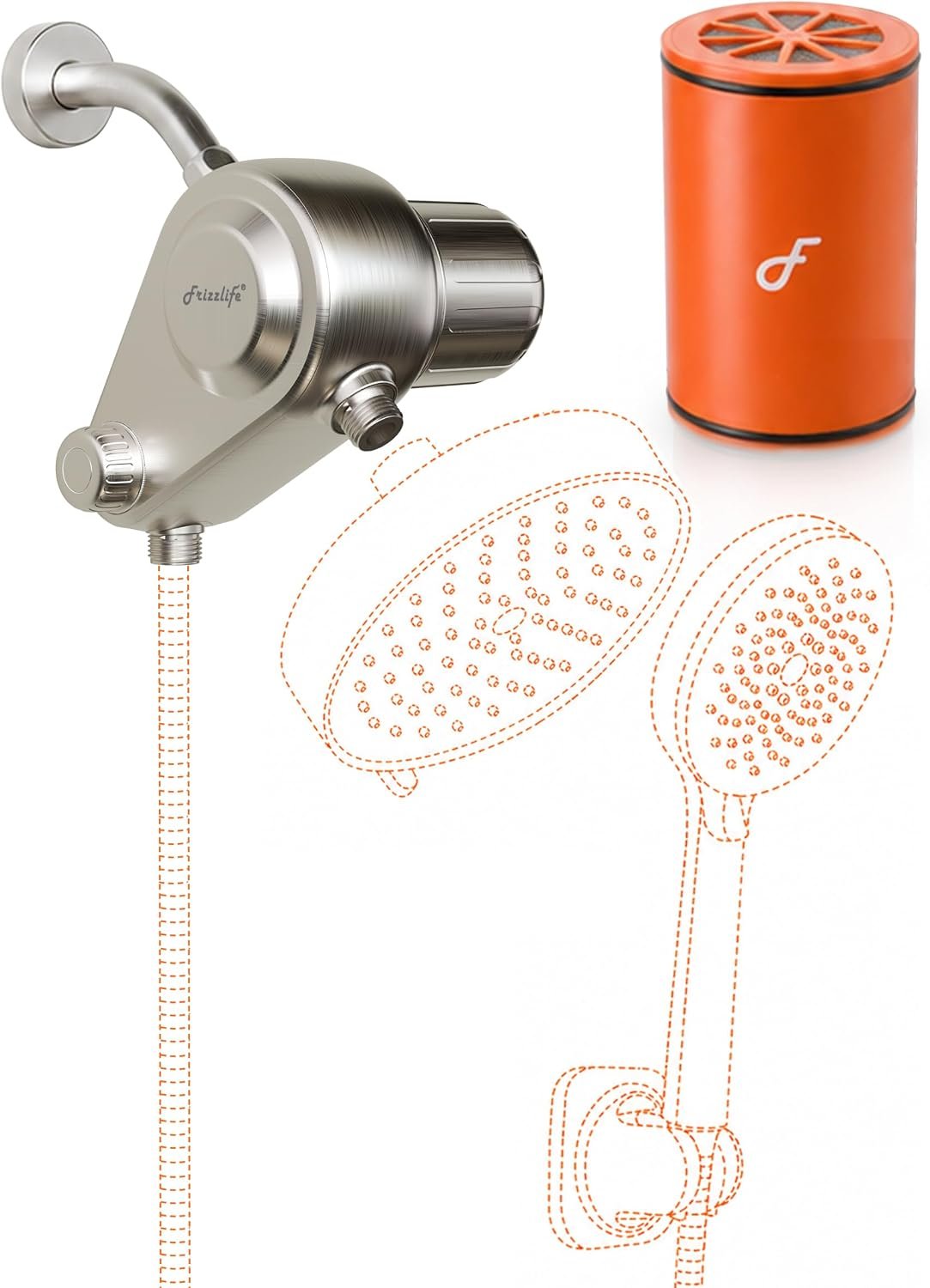 Frizzlife K45 Dual-Outlet Shower Filter, Keeps Existing Fixed and Handheld Shower Heads, Both Showerhead Get Filtered Water, KDF-55 and Calcium Sulfite, Reduces Chlorine, High Flow,Heads Not Included