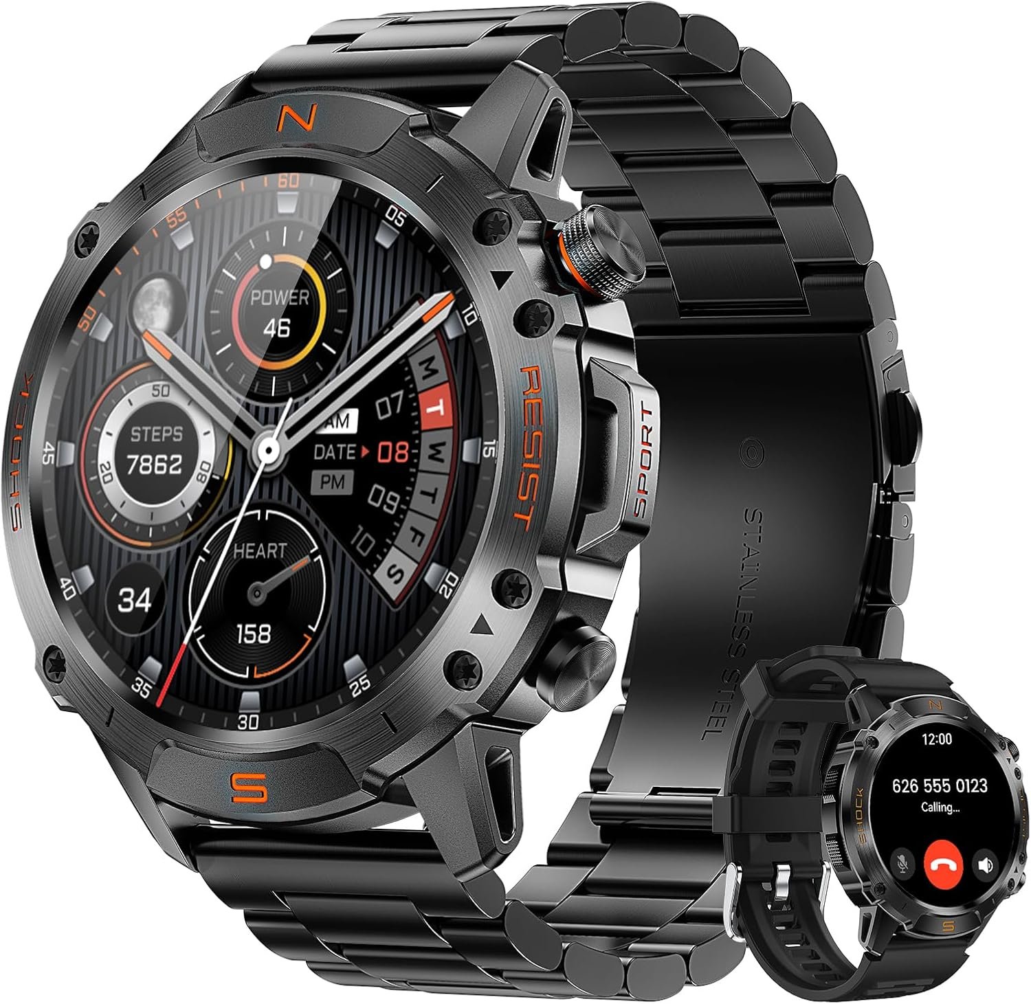 WalkerFit Rugged Smart Watch for Men, 1.43″ AMOLED 5ATM Waterproof, 2 Bands