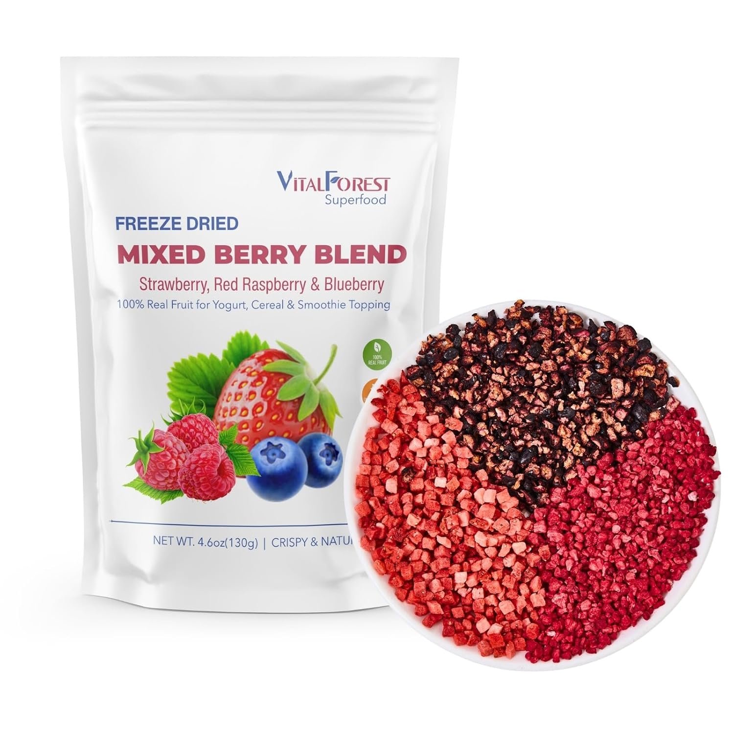 4.6oz Freeze-Dried Raspberry Strawberry & Blueberry Mixed Fruit, Crunchy Freeze Dried Berries Blend Pieces– Natural Freeze Dried Fruit Snacks, Superfood Toppings for Baking, Yogurt, Smoothies & Oatmeal, Non-GMO, Vegan