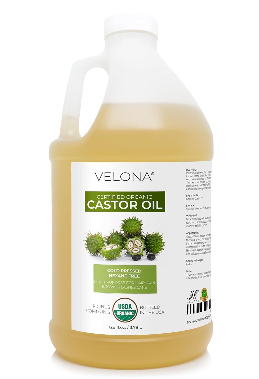 velona USDA Organic Castor Oil – 1 Gallon / 128 fl oz, Cold Pressed