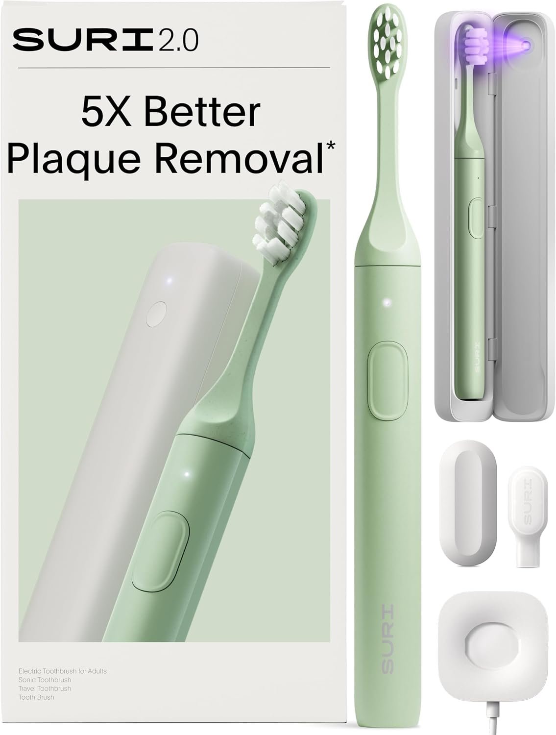 SURI Pro Sonic Electric Toothbrush | Over 4+ Weeks Battery | UV Cleaning Travel Case | Pressure Sensor | Aluminium Body | 2-Minute Timer | Plant-Based Head | Green