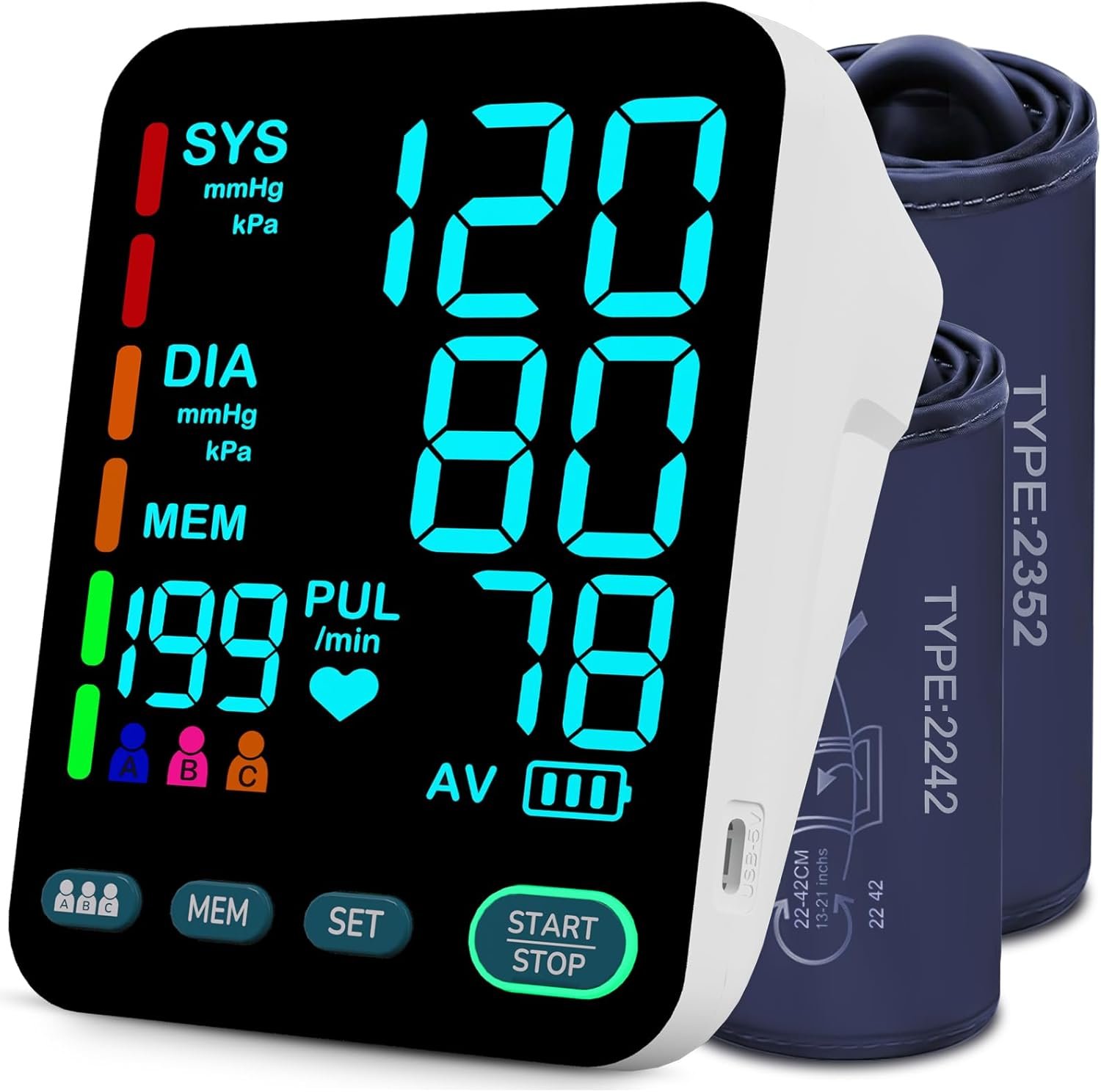 Upper Arm Blood Pressure Monitor, 2 Cuffs, Large Color LED Display