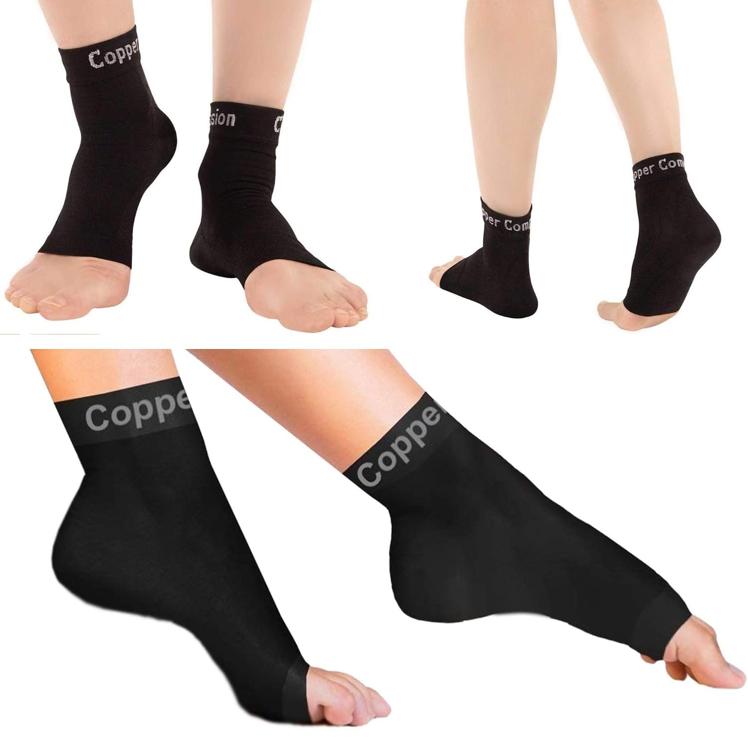 Copper Compression Foot Sleeves – Plantar Fasciitis, Achilles, Ankle Support Brace Socks – Day / Night Relief from Heel Spurs, Arch Pain, Swelling, Soccer Injuries, Golf, Running – 1 Pair Black – L