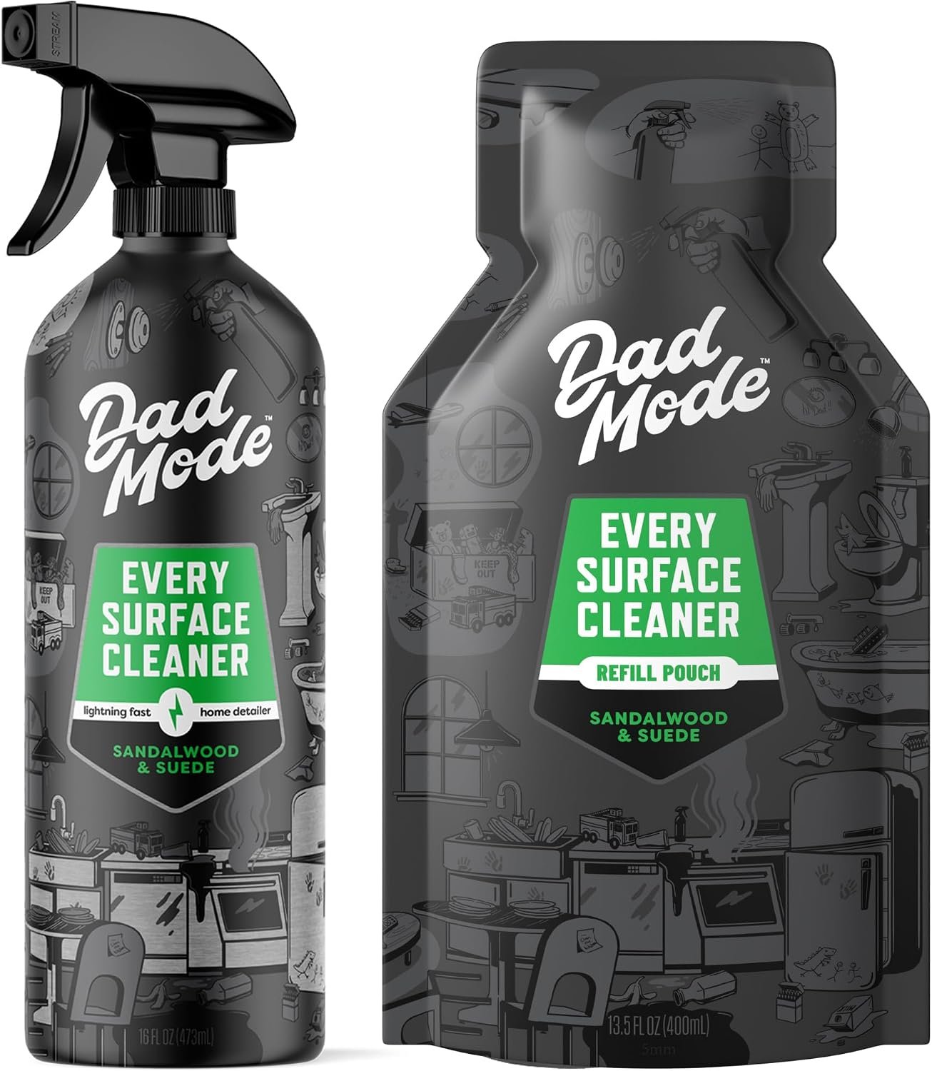 DadMode Everyday Surface Cleaner, Value Pack, 16oz Bottle + 13.5oz Refill, Cleans Home, Kitchen, Garage, Plant-Based Formula, Sandalwood & Suede Scent, Eco-Friendly, Zero Plastic Waste
