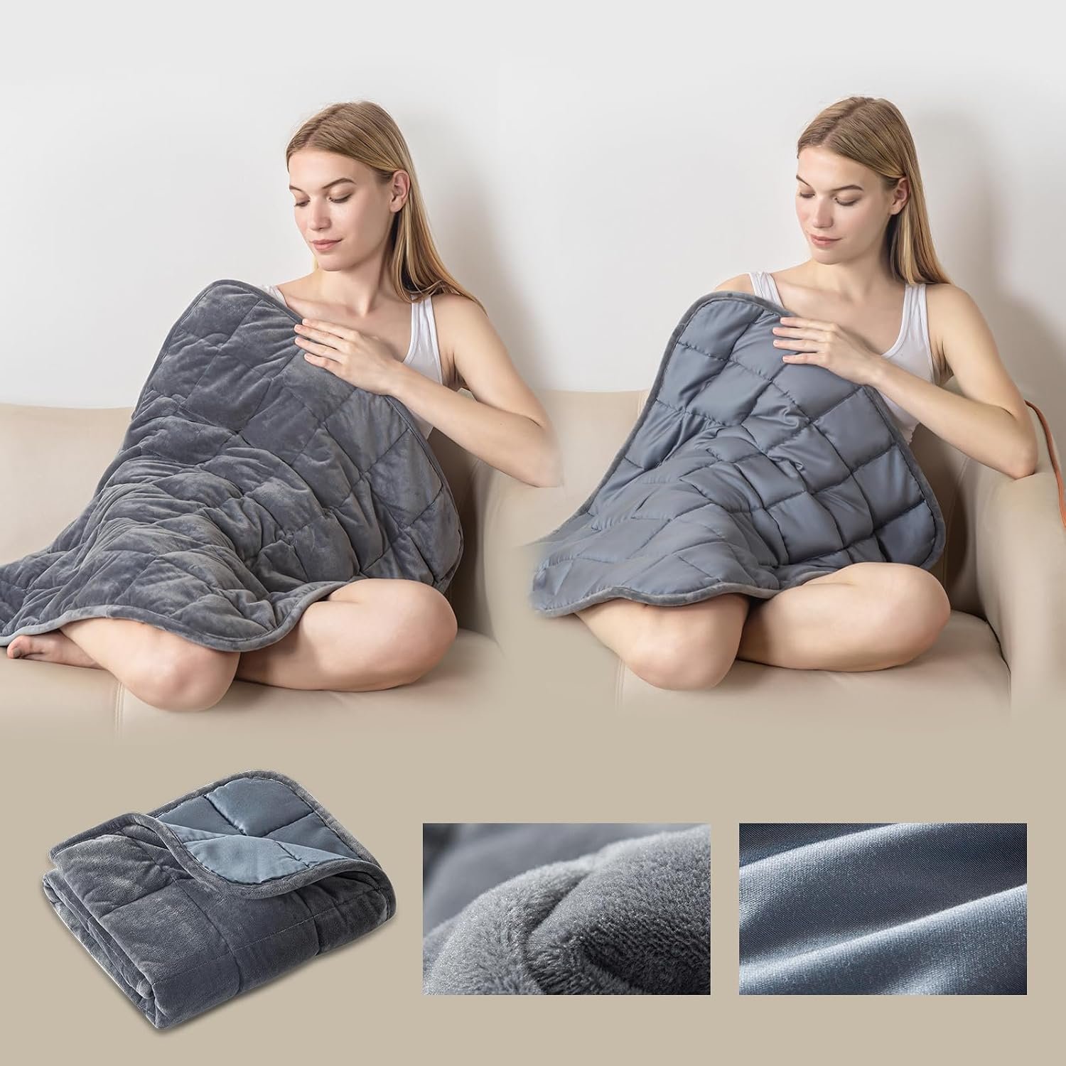 Weighted Blanket 7lbs for Adults (Double-Sided), Small Weighted Lap Pad with Reversible Warm Crystal Velvet and Cooling Tencel, Weighted Throw for Travel, Relaxationf|Machine Washable, Grey, 29″ x 24″