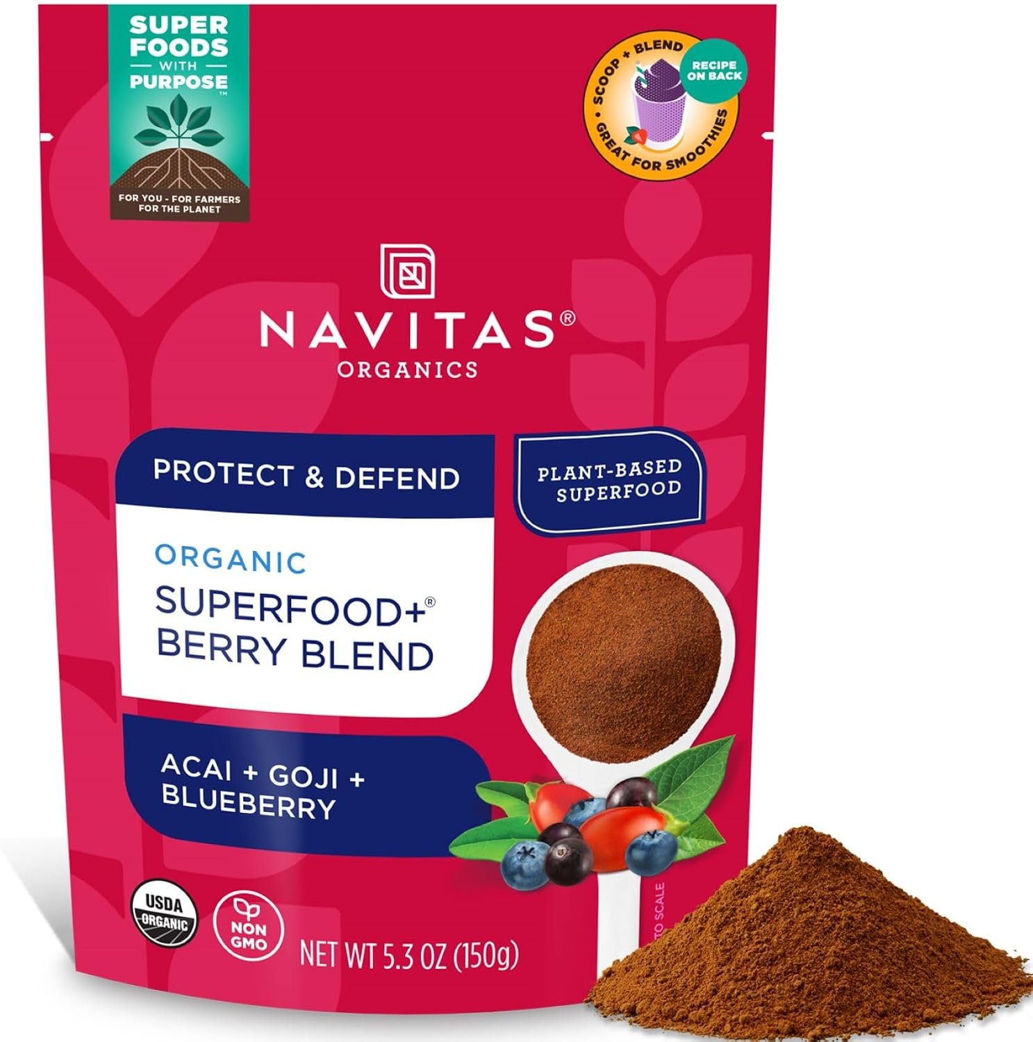 Navitas Organics Superfood+ for Immune Support (Acai + Goji + Blueberry), Bag, 30 Servings Organic, Non-GMO, Vegan, Gluten-Free, Keto & Paleo, Berry Blend, 5.3 Oz