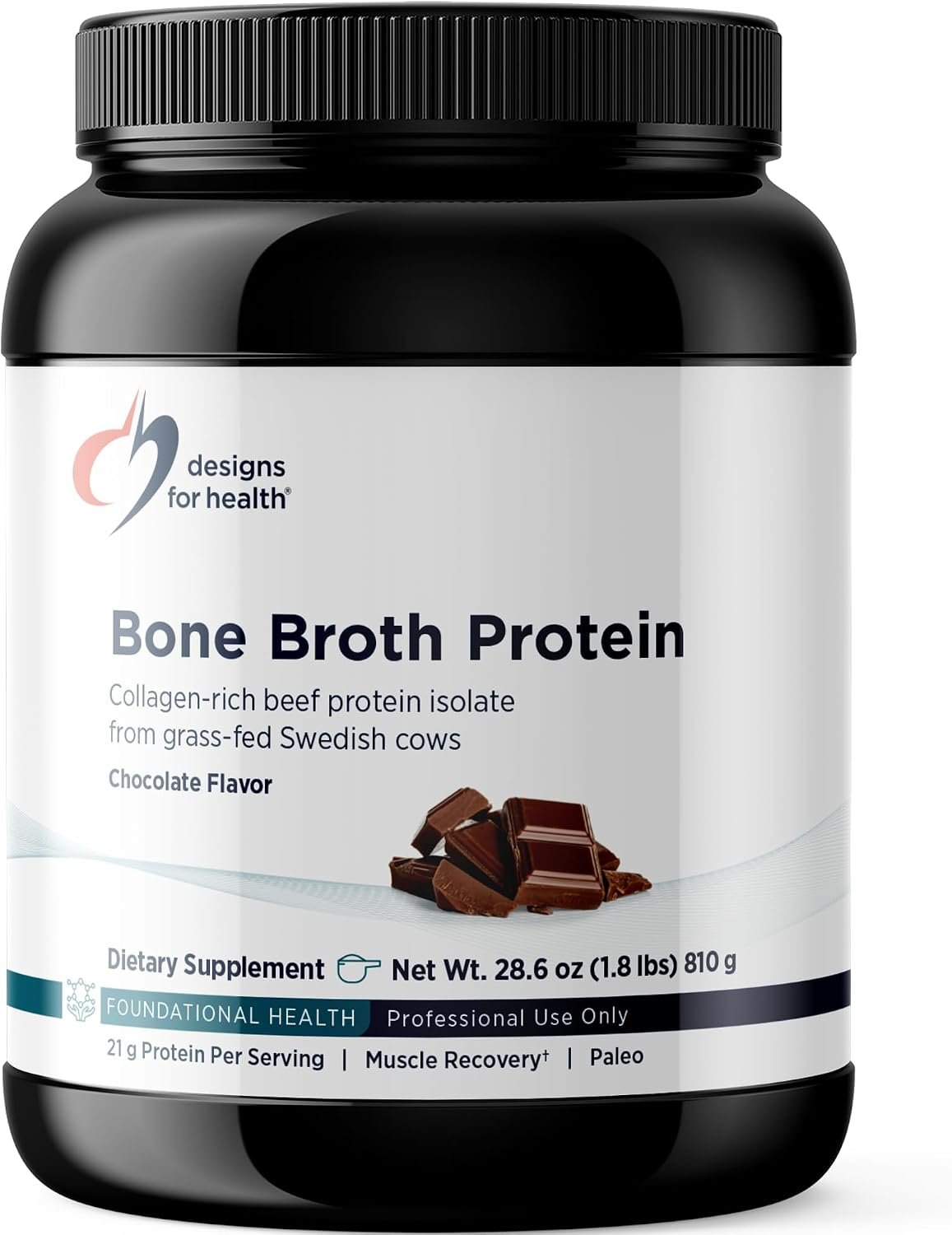 Designs for Health Bone Broth Protein Powder – 21g Grass-Fed, Collagen-Rich Beef Protein Isolate – Chocolate, Paleo, Non-GMO, Dairy-Free (30 Servings / 810g)