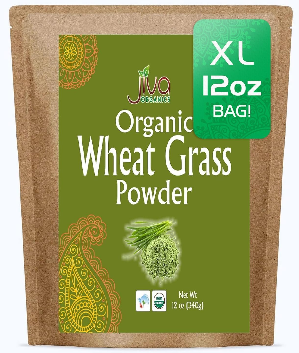 Jiva Organics Wheatgrass Juice Powder 12 Ounce Bulk Kraft Bag – from Whole Leaf – Rich in Fibers and Minerals, Non-GMO and Vegan