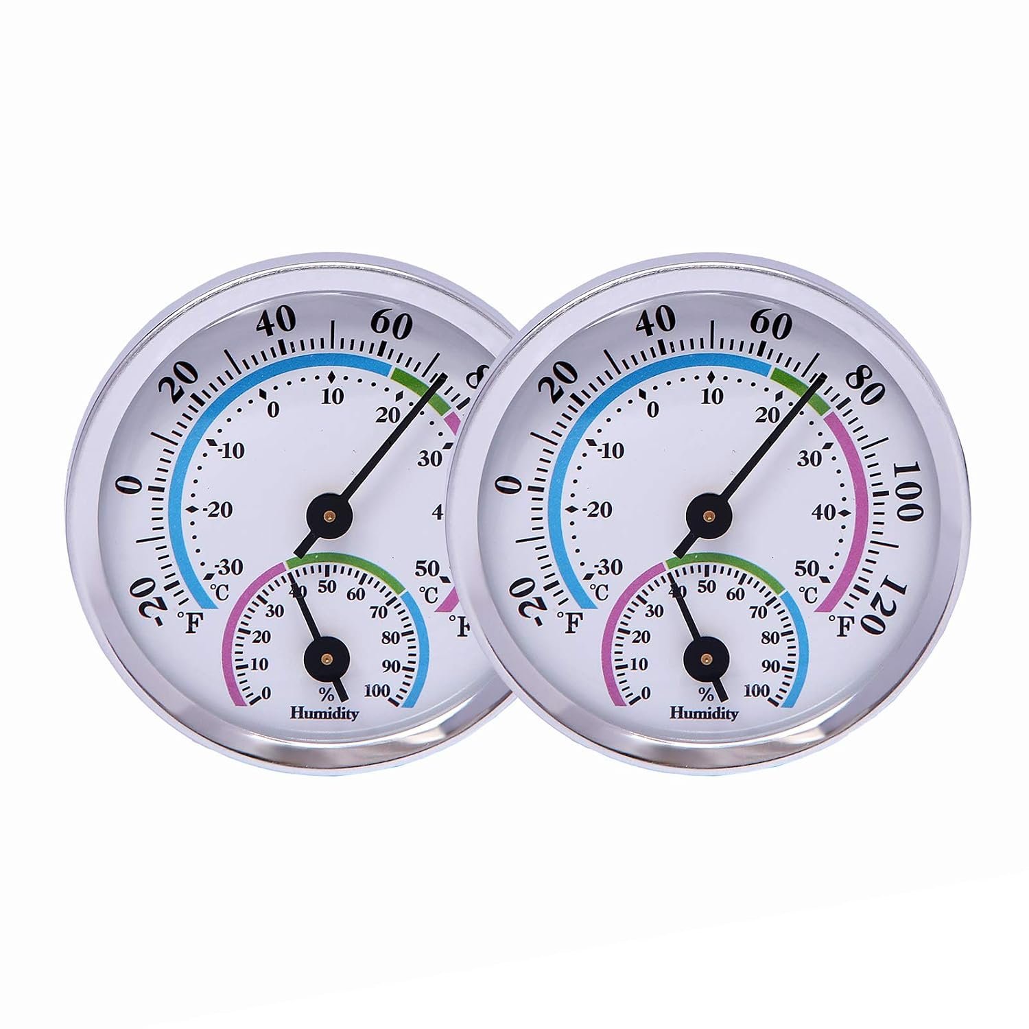 Mini Indoor Thermometer Hygrometer Analog 2 in 1 Temperature Humidity Monitor Gauge for Home, Room, Outdoor, Offices, Display Mechanical (No Battery Needed) (Silver-2 Pack, Silver-2 Pack)