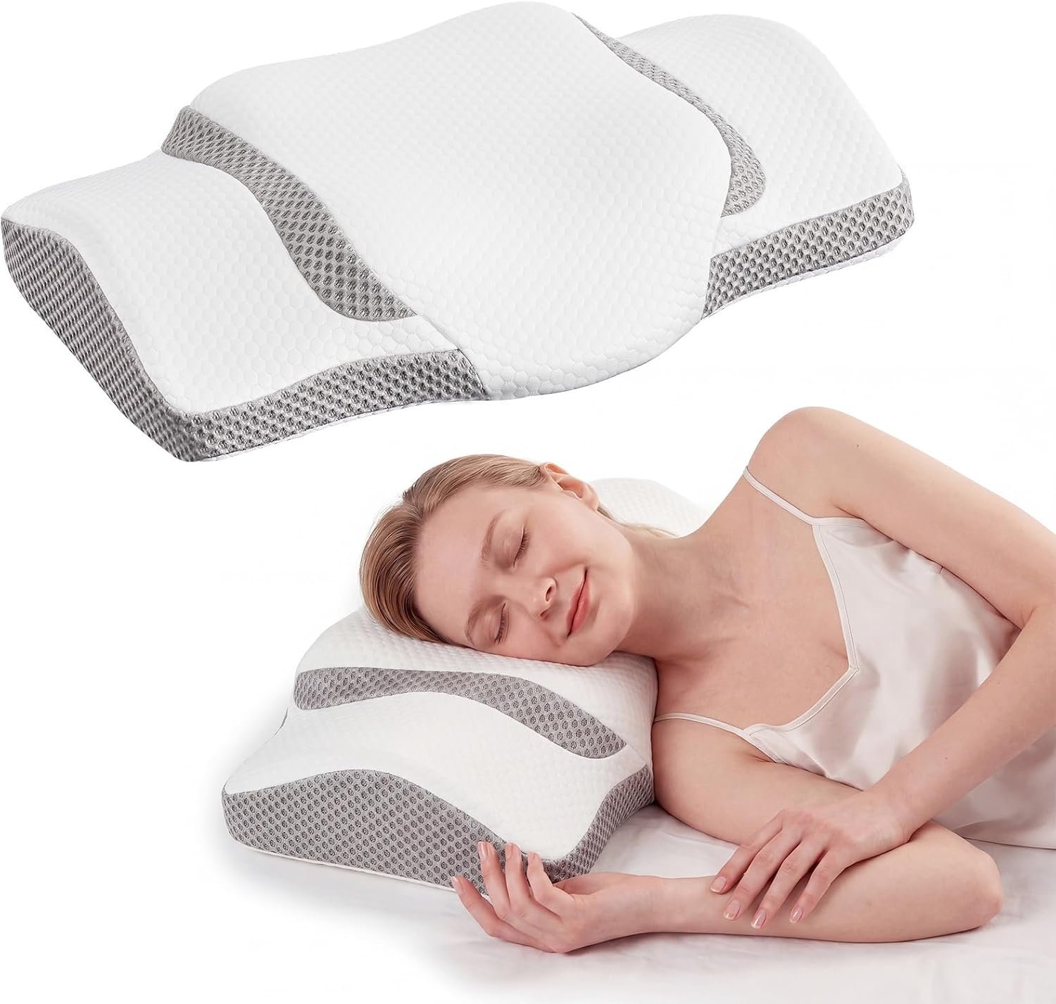 OLIXIS Cervical Pillow, Ergonomic Contour Memory Foam Neck Pillow with Cooling Breathable Cover and Dual-Height Support for Side, Back and Stomach Sleepers, White