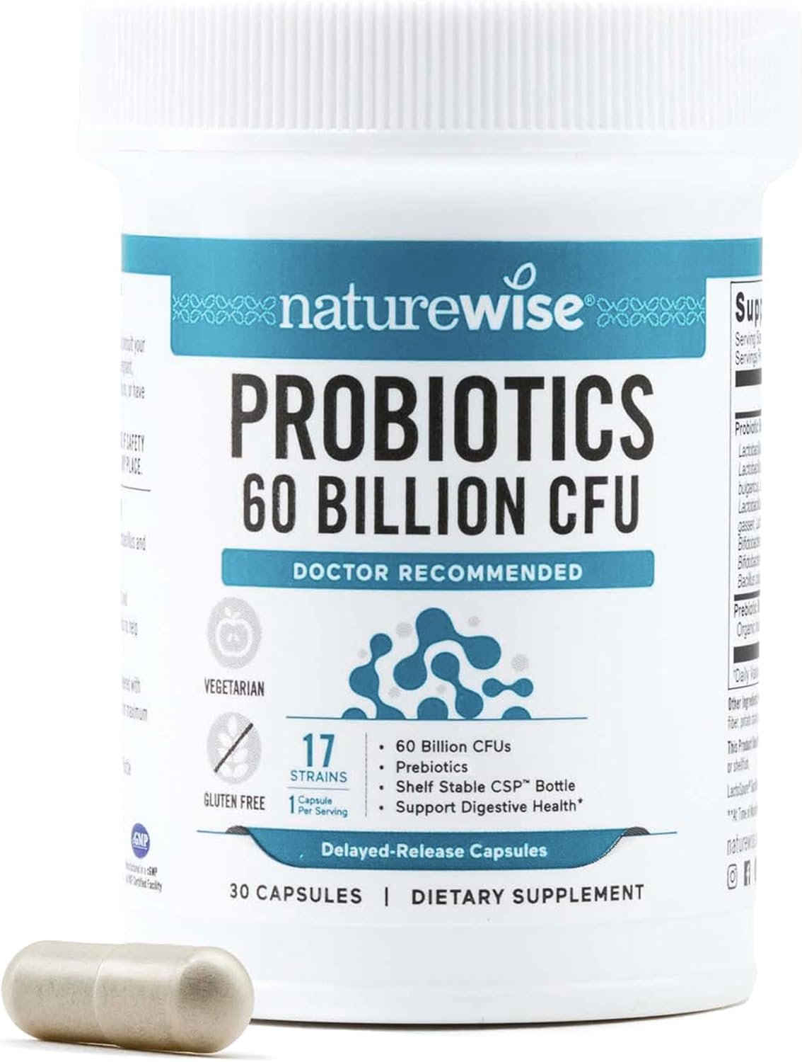 NatureWise Probiotics 60 Billion CFU – 17 Strains + Organic Prebiotics – Immune, Digestive & Gut Health Support for Women & Men – Vegetarian, Gluten-Free, Non-GMO – 30 Capsules[1-Month Supply]