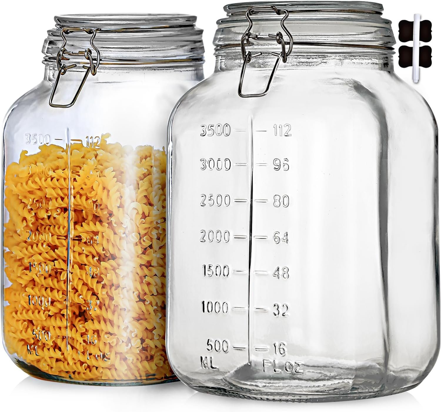 1.1 Gallon Large Glass Food Storage Jars with Airtight Lids,Set of 2 Square Wide Mouth Airtight Glass Storage Container,135oz Kitchen Mason Jar with Measurement Mark,for Flour Sugar Canning.