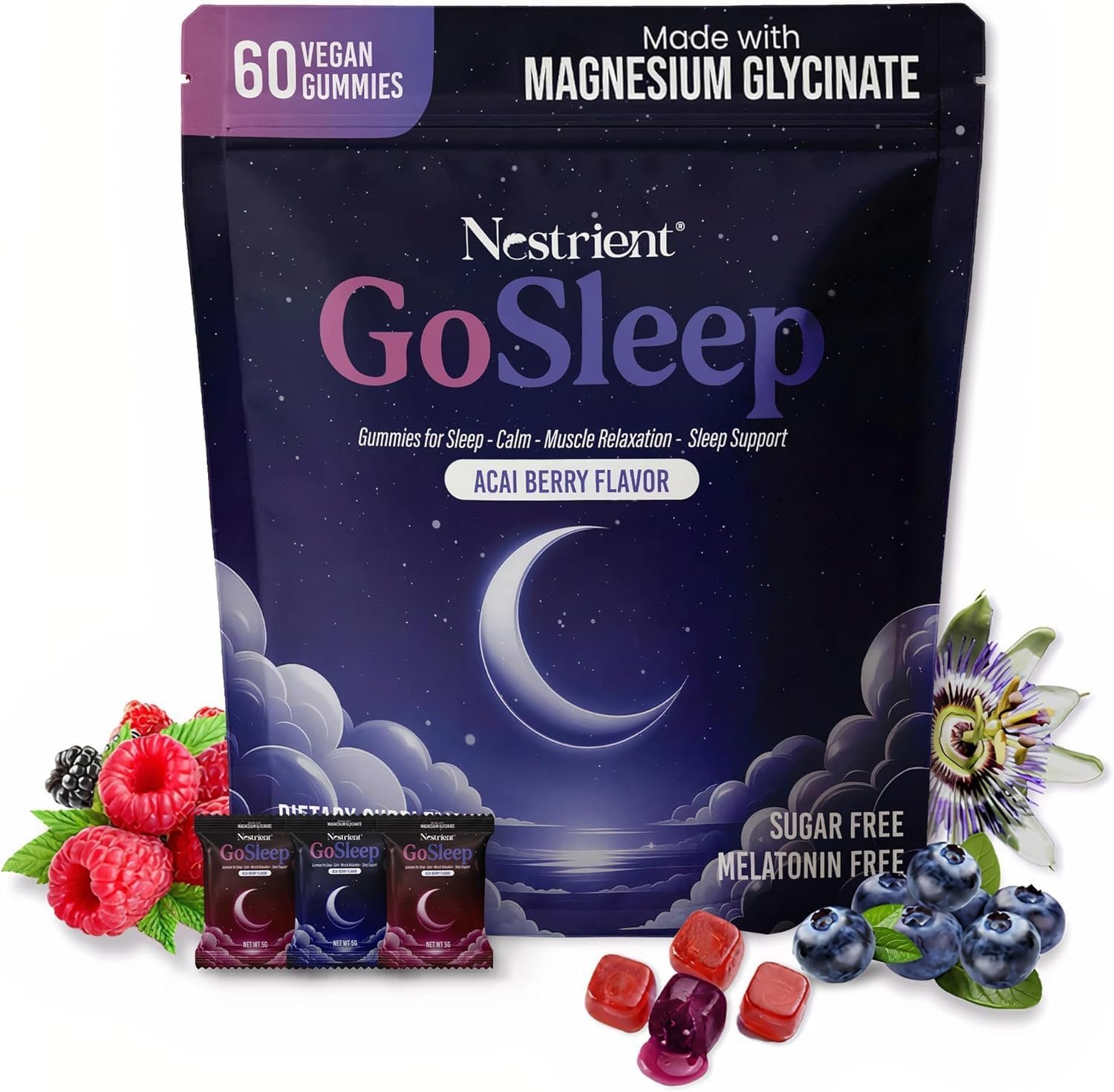 GoSleep Magnesium Glycinate Gummies, Melatonin-Free Sleep Aid Alternative, Dual Action Sleep & Relaxation Formula, Acai Berry, Vegan, 60 Gummies