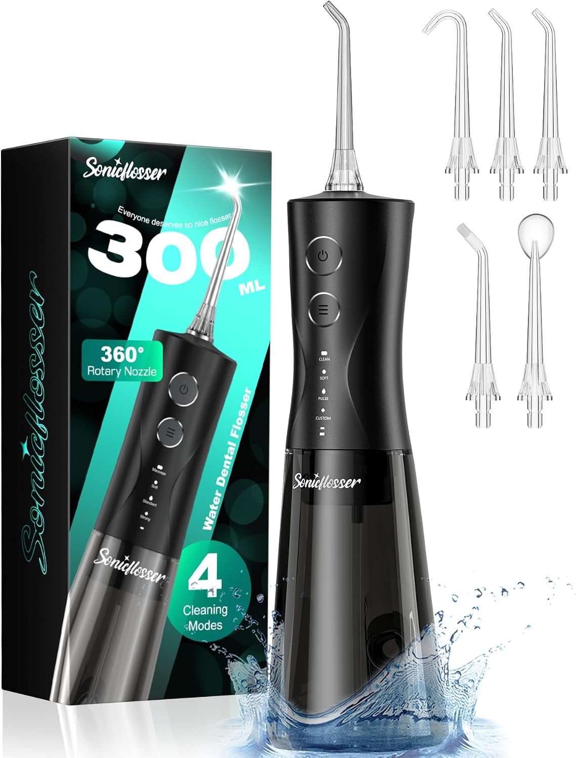Portable Water Flosser for Teeth Pick – 4 Modes & 5 Tips, 300ML Cordless Design for Home Travel, IPX7 Waterproof, Rechargeable for Ultimate Clean, Ideal for Sensitive Gums and Braces BPA-Free