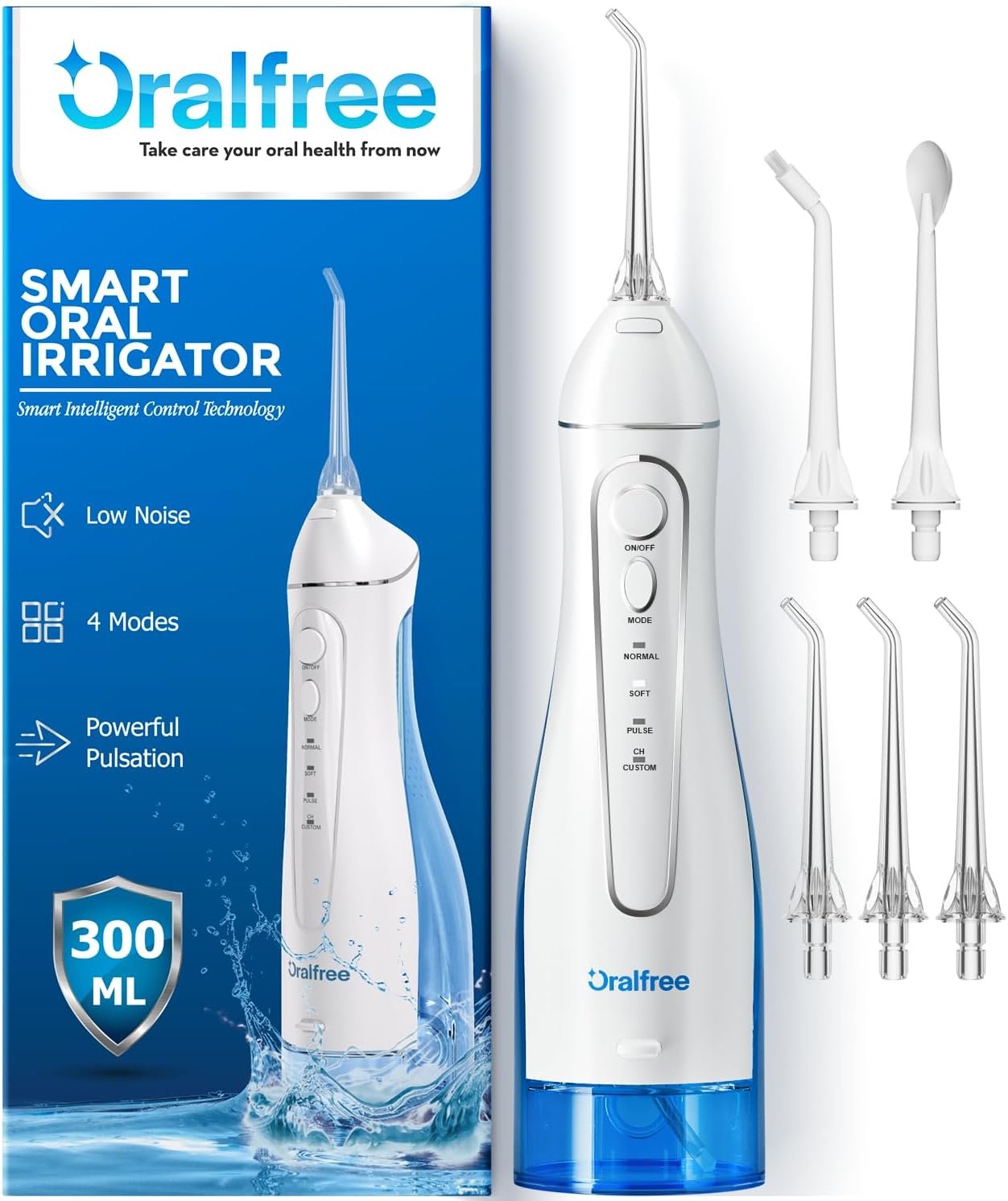 Oralfree Water Dental Flosser Cordless for Teeth Cleaning – 4 Modes Oral Irrigator 300ML Braces Flossers Cleaner, Rechargeable Portable IPX7 Waterproof Powerful Battery for Travel Home