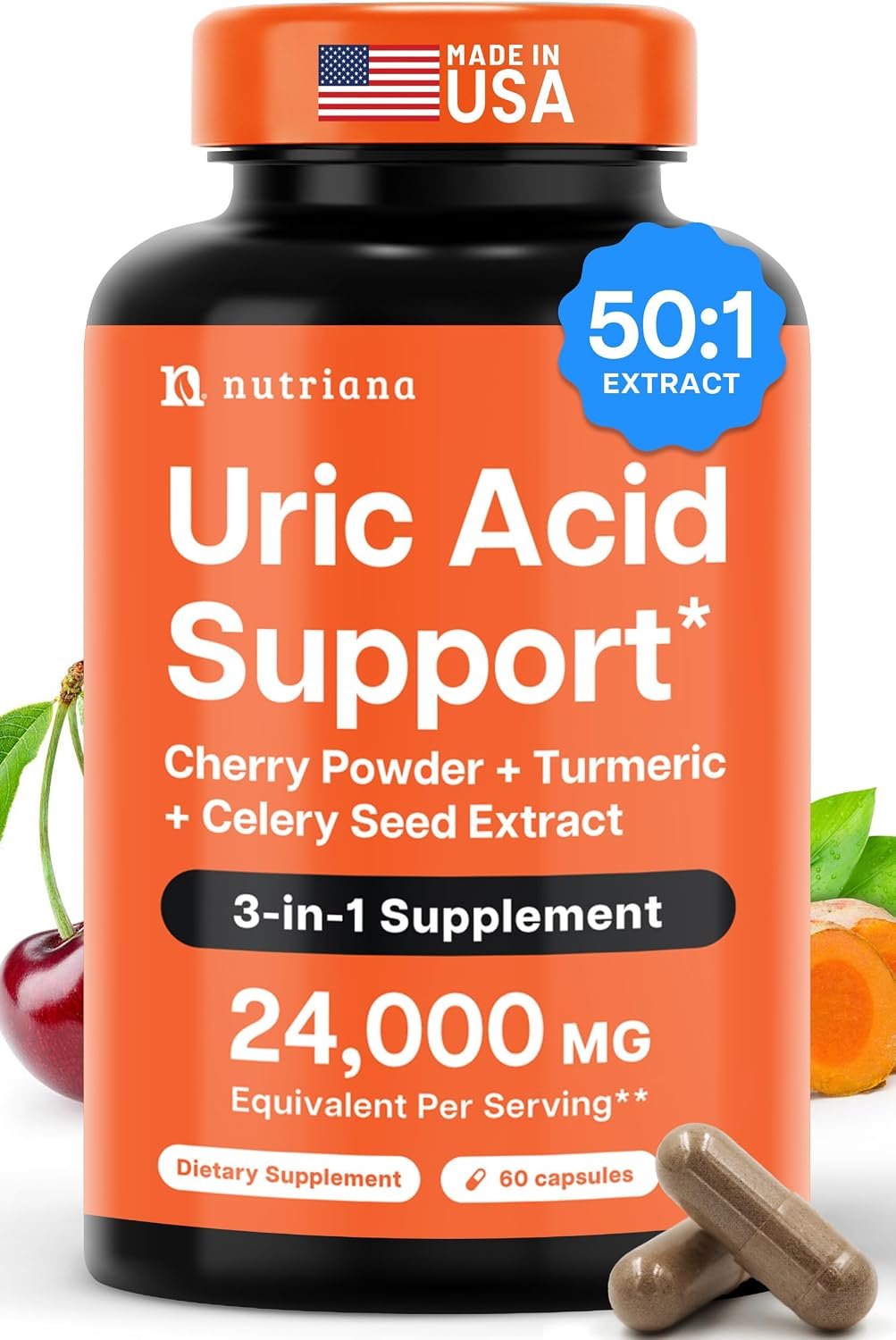 3 in 1 Uric Acid Flush Cleanse – Tart Cherry Extract with Turmeric & Celery Seed Supplement Purge – Feet and Joint Support – 60 Veggie Capsules