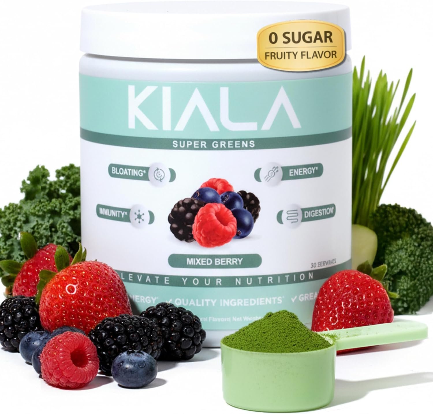 Kiala Nutrition Super Greens Powder with Spirulina & Chlorella for Digestion, Gut Health, Immunity, Adaptogens, Energy, Gluten Free, Vegan, Sugar Free, Mixed Berry, 30 Servings