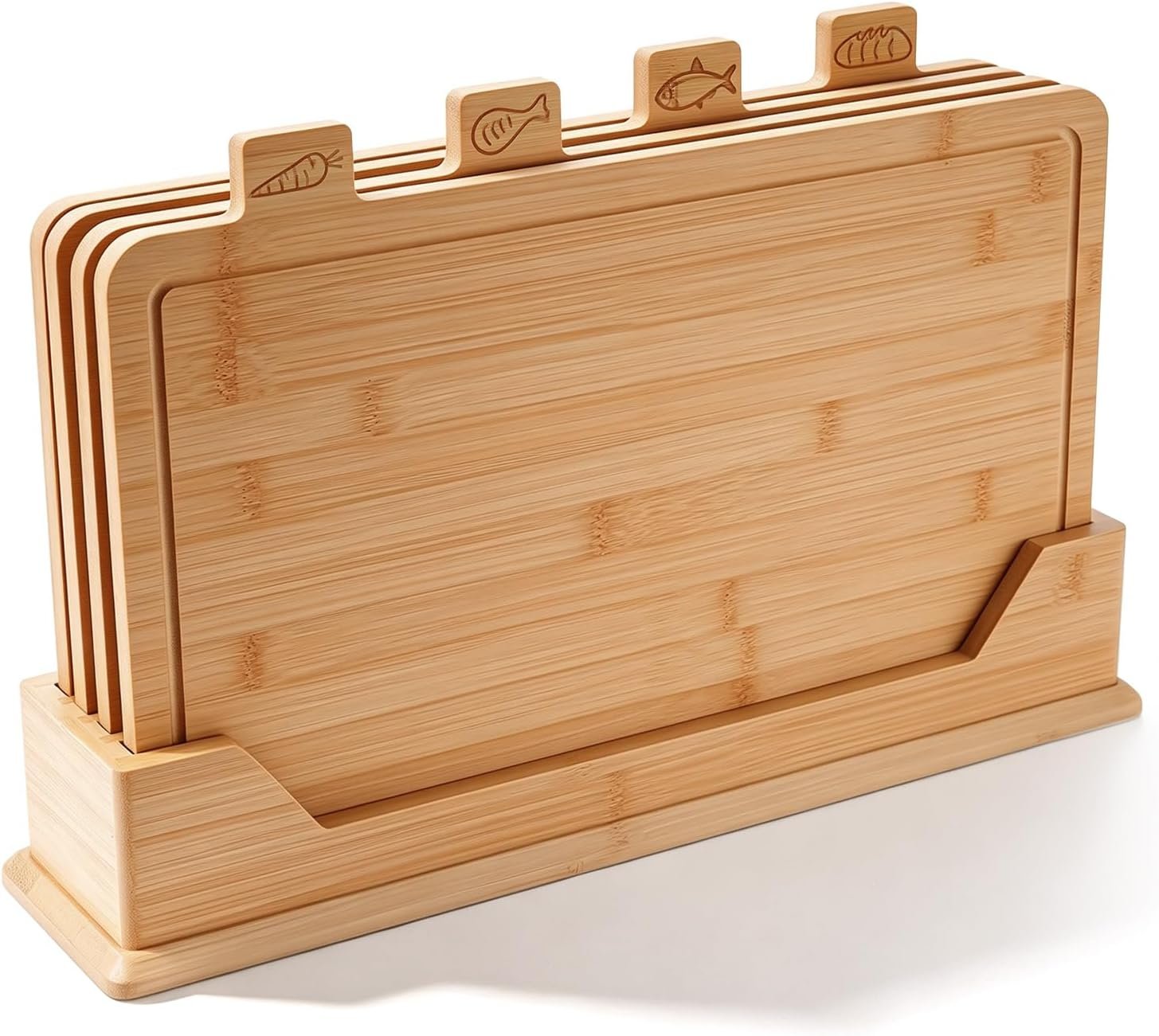 Labeled Bamboo Cutting Board Set with Storage Rack, 4-Piece Bamboo Chopping Boards for Meat, Fish, Bread & Vegetables, Kitchen Countertop Organizer with Holder, 19.9″ x 4.7″ x 12.6″