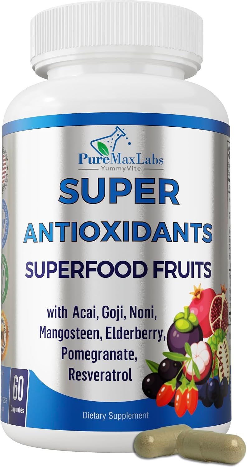 Super Antioxidant Fruit Superfood Complex – Powerful Antioxidant Superfruits, Acai, Goji, Noni, Mangosteen, Pomegranate, Elderberry, Resveratrol, Immune Support, Skin Care – 60 Capsules