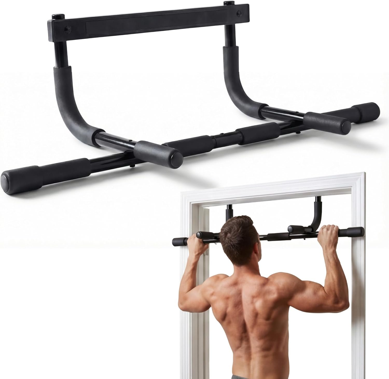 DMoose Fitness Pull Up Bar for Doorway – No Screwing or Slipping, Hanging Pullup & Chin Up Bar for Door Frame – Multi Padded Grips for Strength Training with Installation Guide