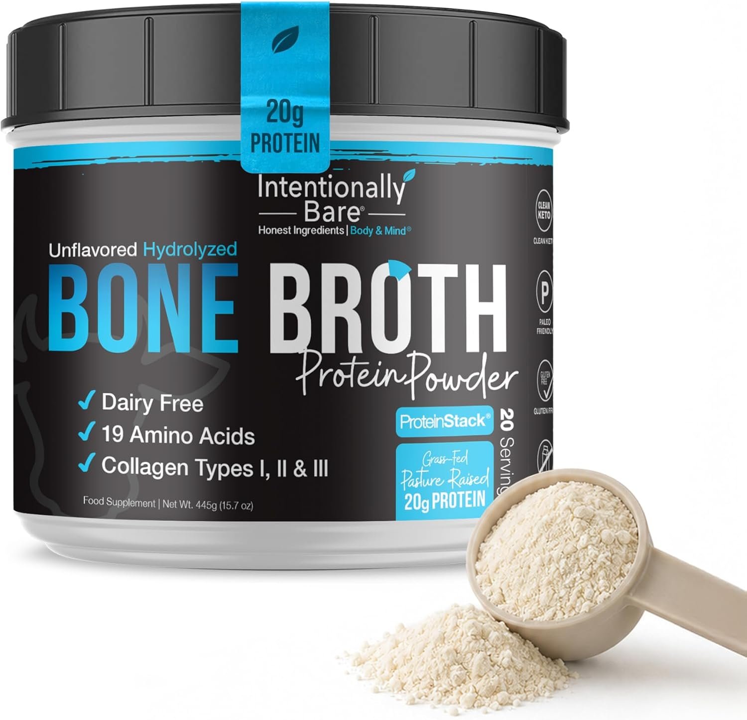 Intentionally Bare Bone Broth Protein Powder -Unflavored– Grass-fed 15.7oz