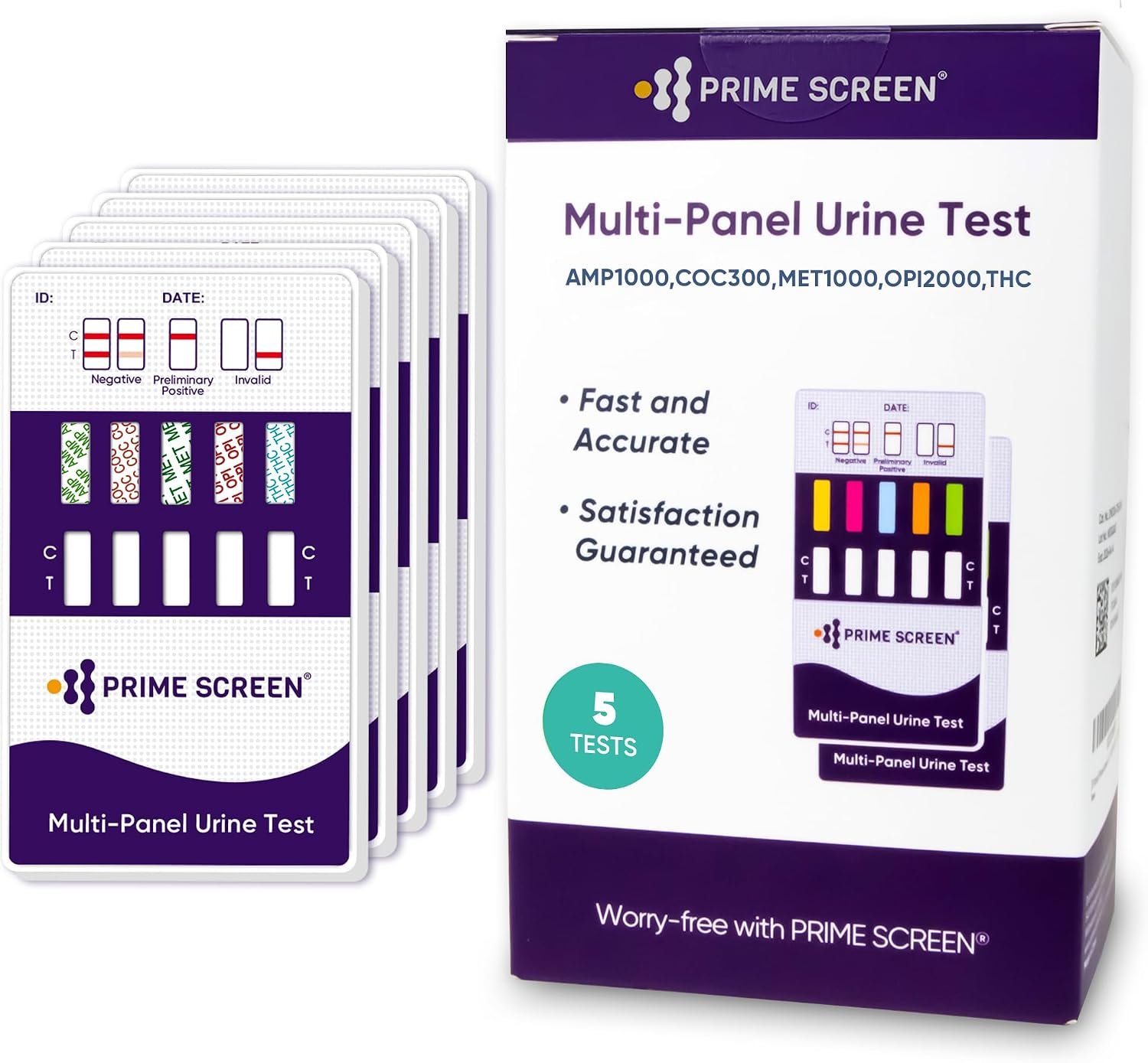 Prime Screen [5 Pack] 5 Panel Urine Drug Test Kit – Testing Instantly for 5 Different Drugs AMP, COC, MET (Meth), OPI, THC (Marijuana) – WDOA-254