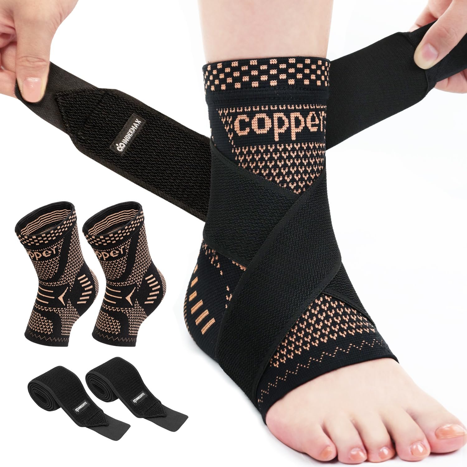 INDEEMAX Ankle Brace for Women & Men, Ankle Compression Sleeve Support Copper Infused Ankle Brace for Sprained Ankle, Plantar Fasciitis Sports, Achilles Tendonitis Pain Relief, Copper Black, M