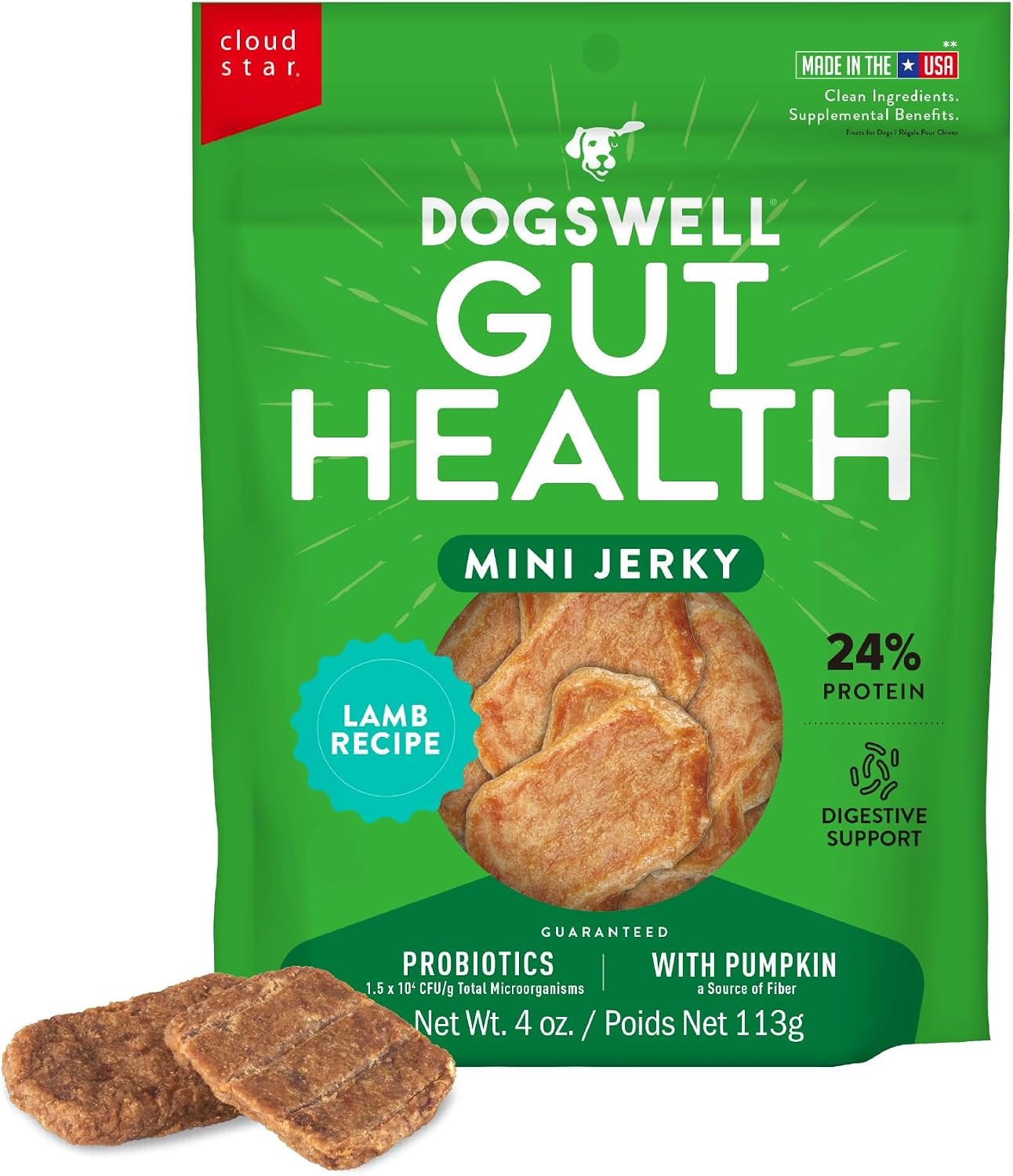 DOGSWELL Gut Health Mini Jerky Functional Dog Treats, Lamb, 4 oz.