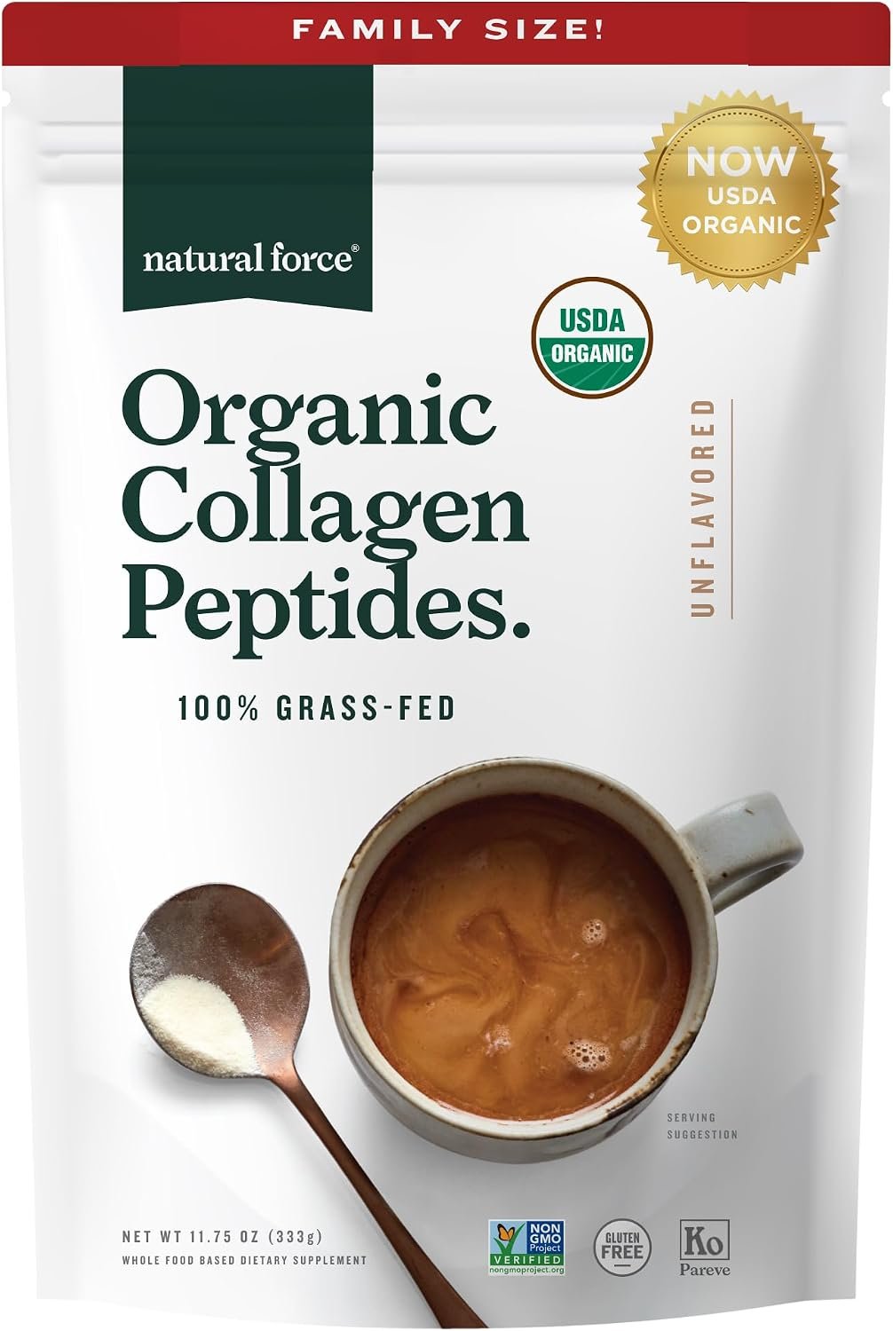 Natural Force Organic Clean Collagen Peptides Powder – USDA Certified Organic & Non-GMO, Keto & Paleo Certified – Hydrolyzed Type I & III Protein Powder with Essential Amino Acids – Unflavored, 32oz