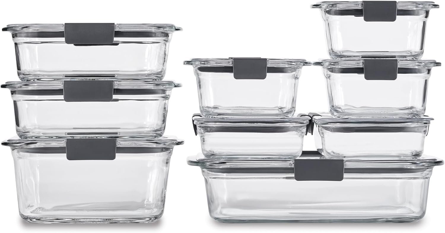Rubbermaid Brilliance Glass Food Storage Containers, Assorted Sizes, Set of 9, BPA-Free, Leak-Proof, Clear
