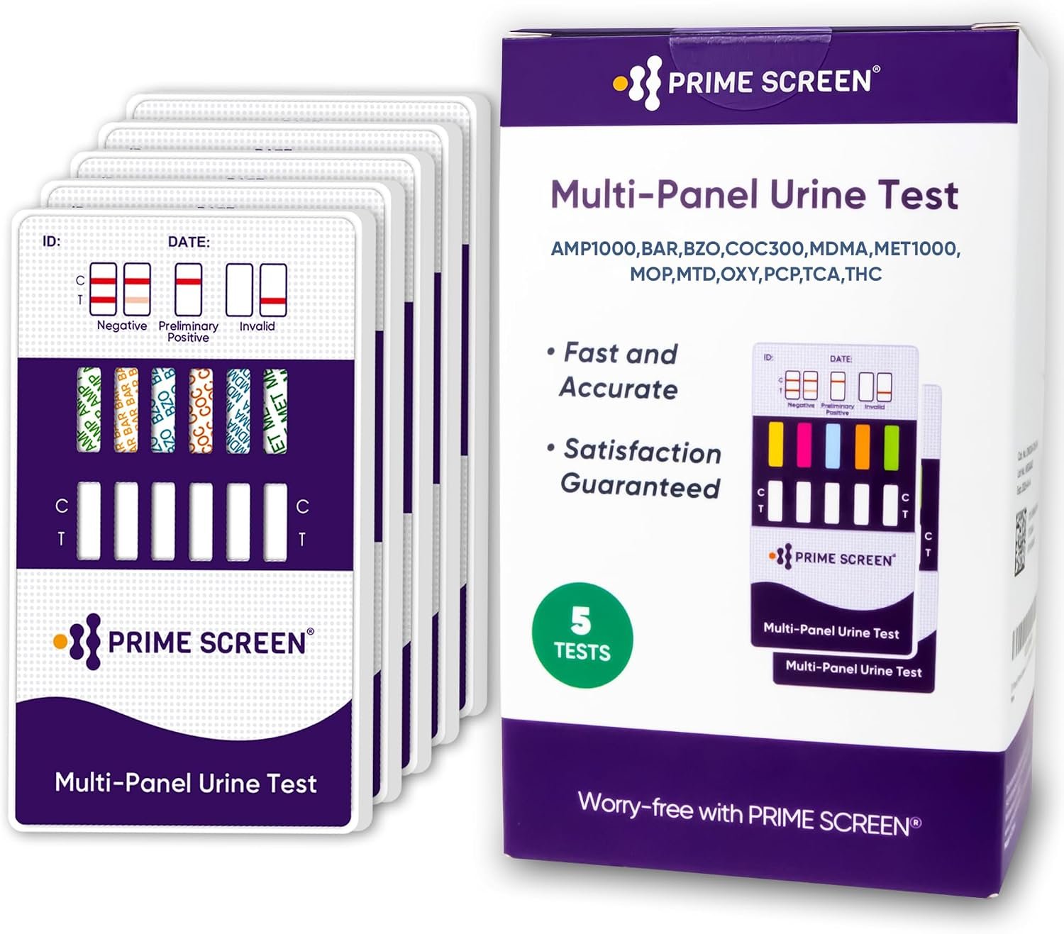 [5 Pack] Prime Screen 12 Panel Urine Test (AMP,BAR,BZO,COC,mAMP,MDMA,MOP/OPI 300,MTD,OXY,PCP,TCA,THC) – WDOA-7125
