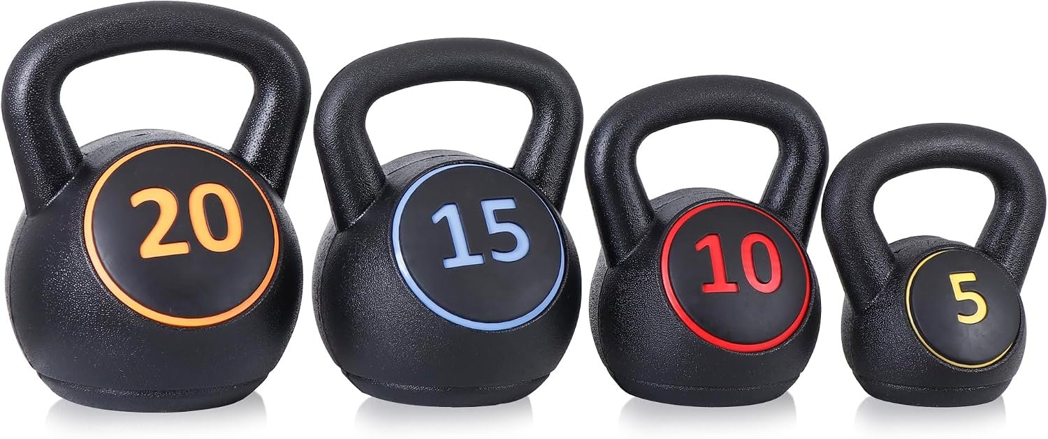 Kettlebell Set with Storage Rack 5lb, 10lb, 15lb, 20lb Concrete for Home Gym Exercise Weightlifting Strength Core Training Fitness