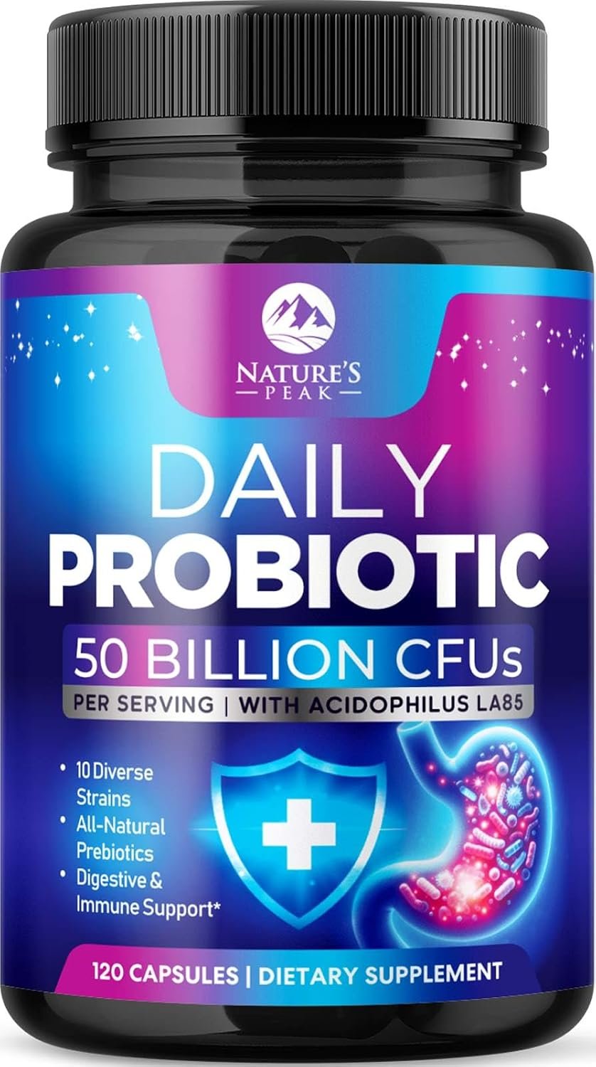 Probiotics 50 Billion CFU Per Capsule – 10 Premium Strains + Digestive Enzymes & Prebiotics – Best Probiotic for Women & Men, Supports Immune, Gut Health, Constipation, Gas & Bloating – 120 Capsules