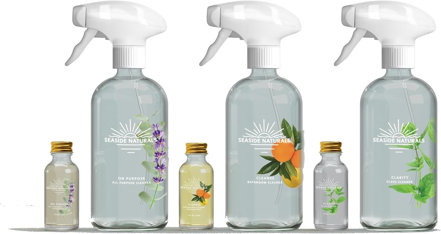 Start Up Kit – Plant-Based All-Purpose, Glass & Bathroom Cleaners (Glass Bottles, Sprayers & Concentrates, Essential Oils: Eucalyptus, Lavender, Tea Tree, Peppermint, Citrus) Kid & Pet Safe, Non-Toxic