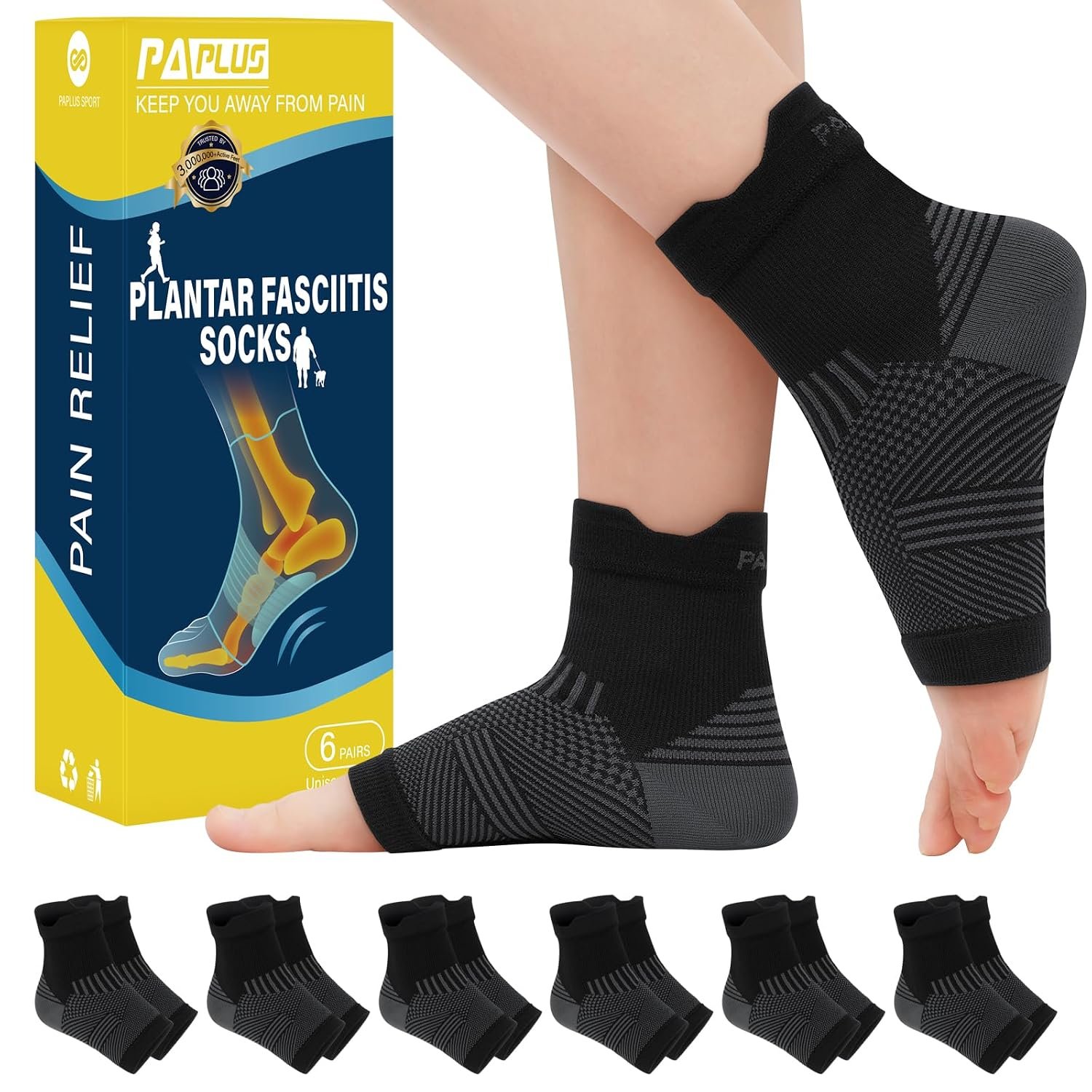 PAPLUS 6 Pairs Plantar Fasciitis Socks for Achilles Tendonitis Relief – Ankle Compression Socks for Women & Men – Ankle Brace with Arch Support for Swelling, Plantar Fasciitis Relief