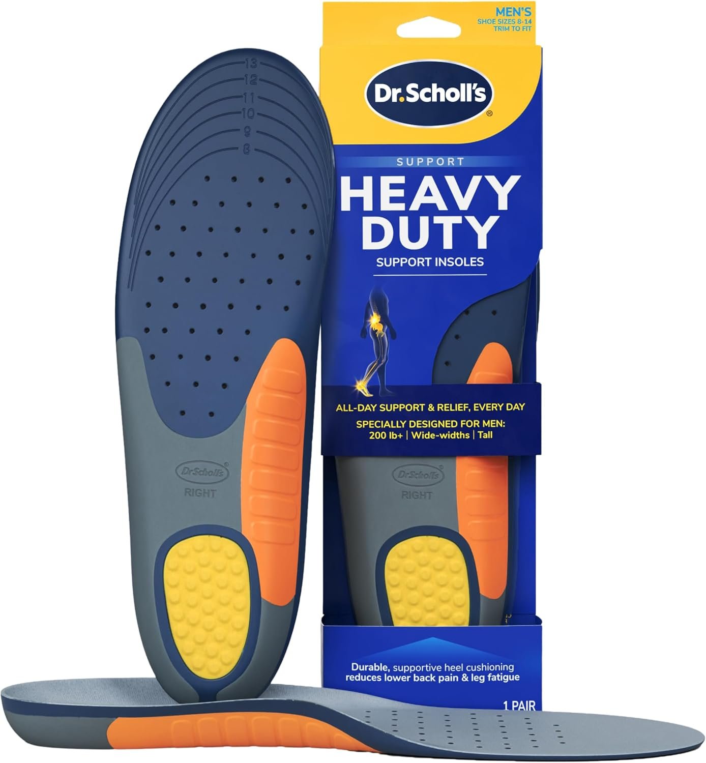 Dr. Scholl’s Heavy Duty Support Insole Orthotics, Big & Tall, 200lbs+, Wide Feet, Shock Absorbing, Arch Support, Distributes Pressure, Trim to Fit Inserts, Work Boots & Shoes, Men Size 8-14, 1 Pair