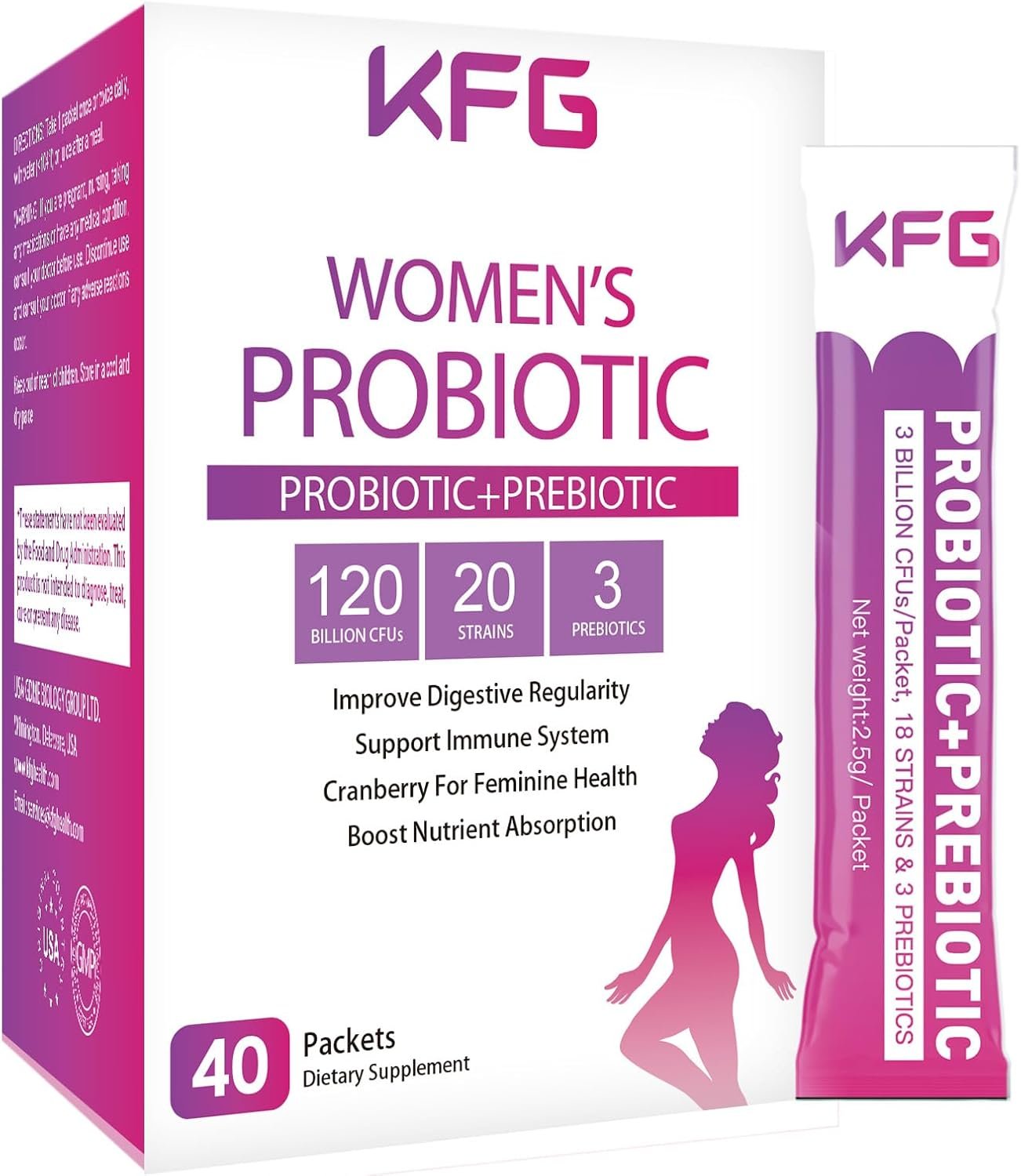 KFG Women’s Probiotic Powder, with 100 Billion CFUs, 20 Strains, 3Organic Prebiotics, Cranberry, Digestive Enzymes & D-Mannose, for Boost Immune, Digestive, Gut, Vaginal & Urinary Health, 40 Packets
