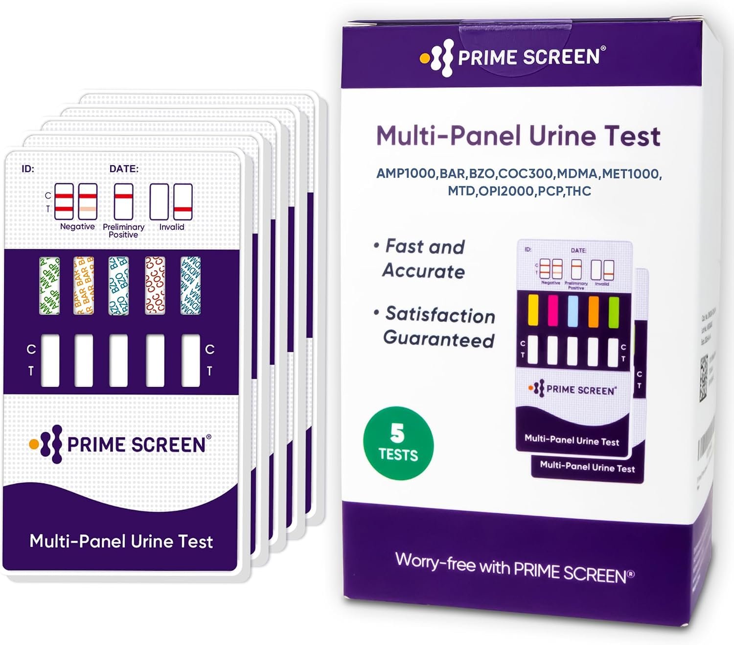 Prime Screen [5 Pack] 10 Panel Urine Drug Test Kit – Testing Instantly for THC (Marijuana), BZO (Benzos), MET (Meth), PCP (Phencyclidine), MTD, AMP, BAR, COC, OPI, MDMA – WDOA-3104