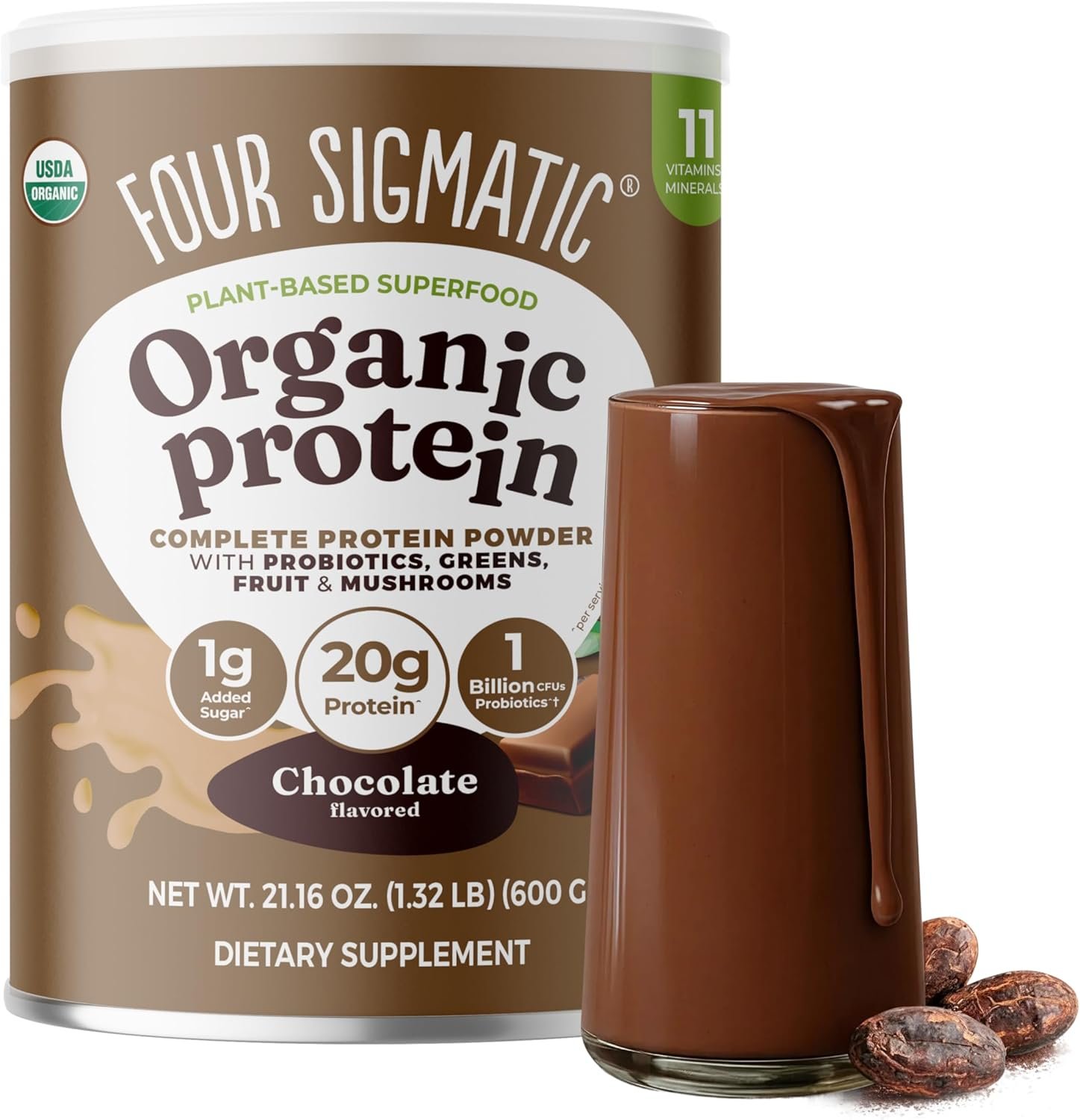 Four Sigmatic Organic Plant-Based Protein Powder | Clean Vegan Protein Elevated with Lion’s Mane, Chaga, Cordyceps and More for Brain Function and Immune Support | Creamy Cacao, 21.16 oz