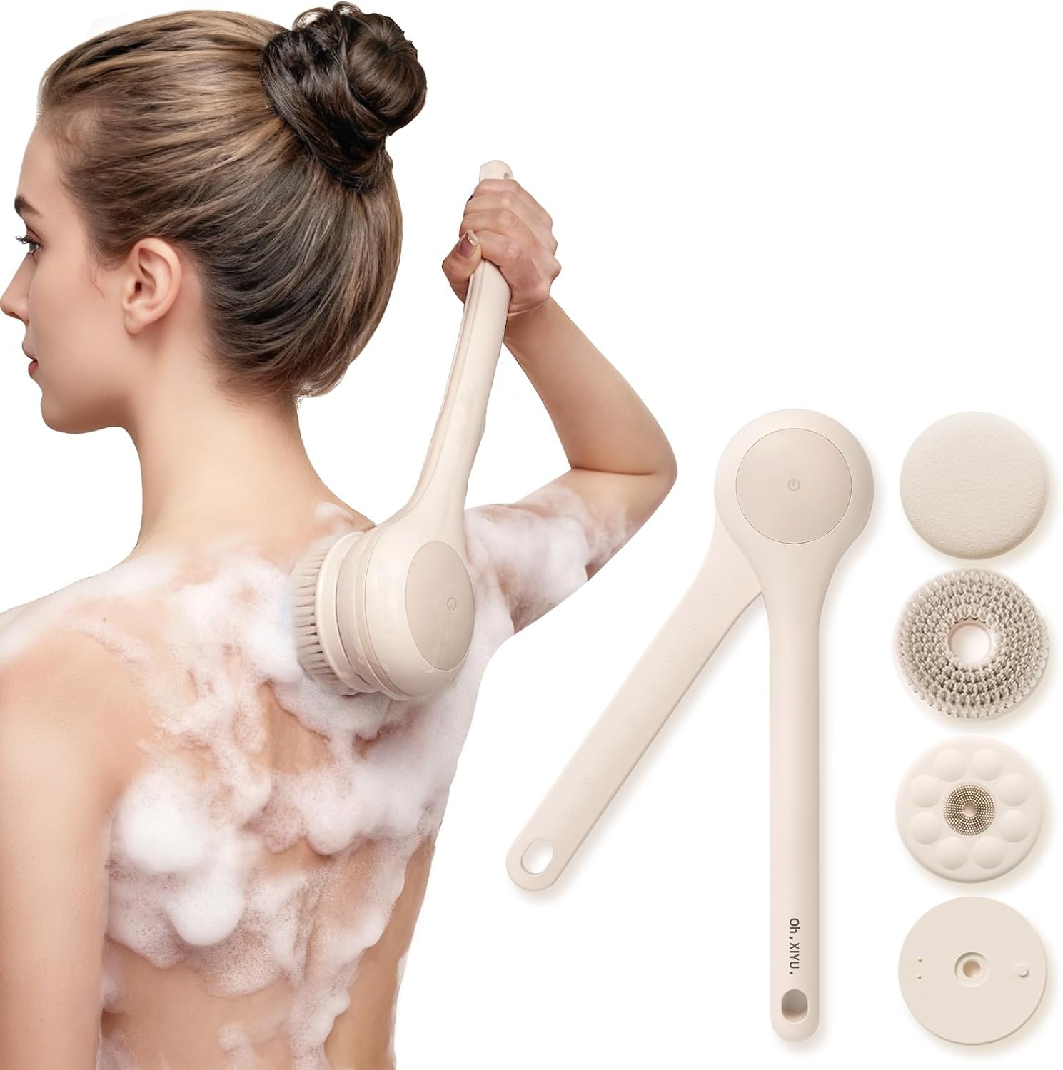 Electric Body Brush, Back Scrubber for Shower with Long Dual Handle, Waterproof Power Shower Brush with 3 Interchangeable Heads & 2 Speeds for Cleansing, Exfoliating and Massage, Nude Pink