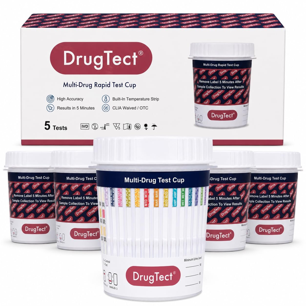 DrugTect 14 Panel Fentanyl Drug Test Kit Urine Cup – 5 Pack