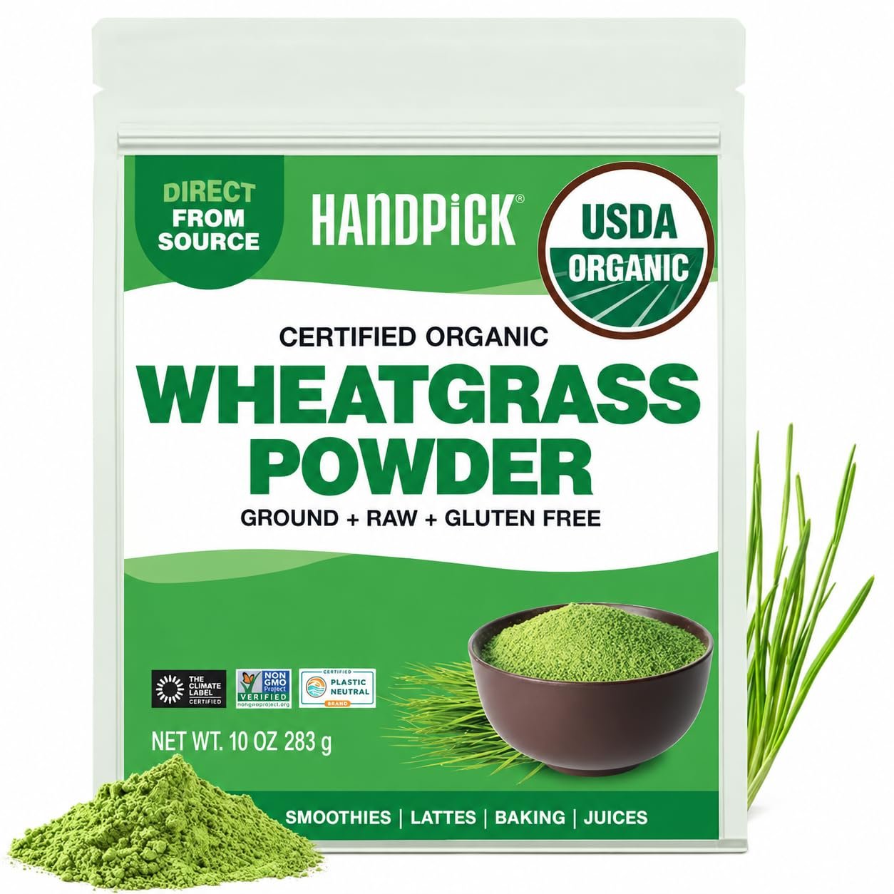 HANDPICK USDA Organic Wheatgrass Powder (10oz) 100% Whole Leaf