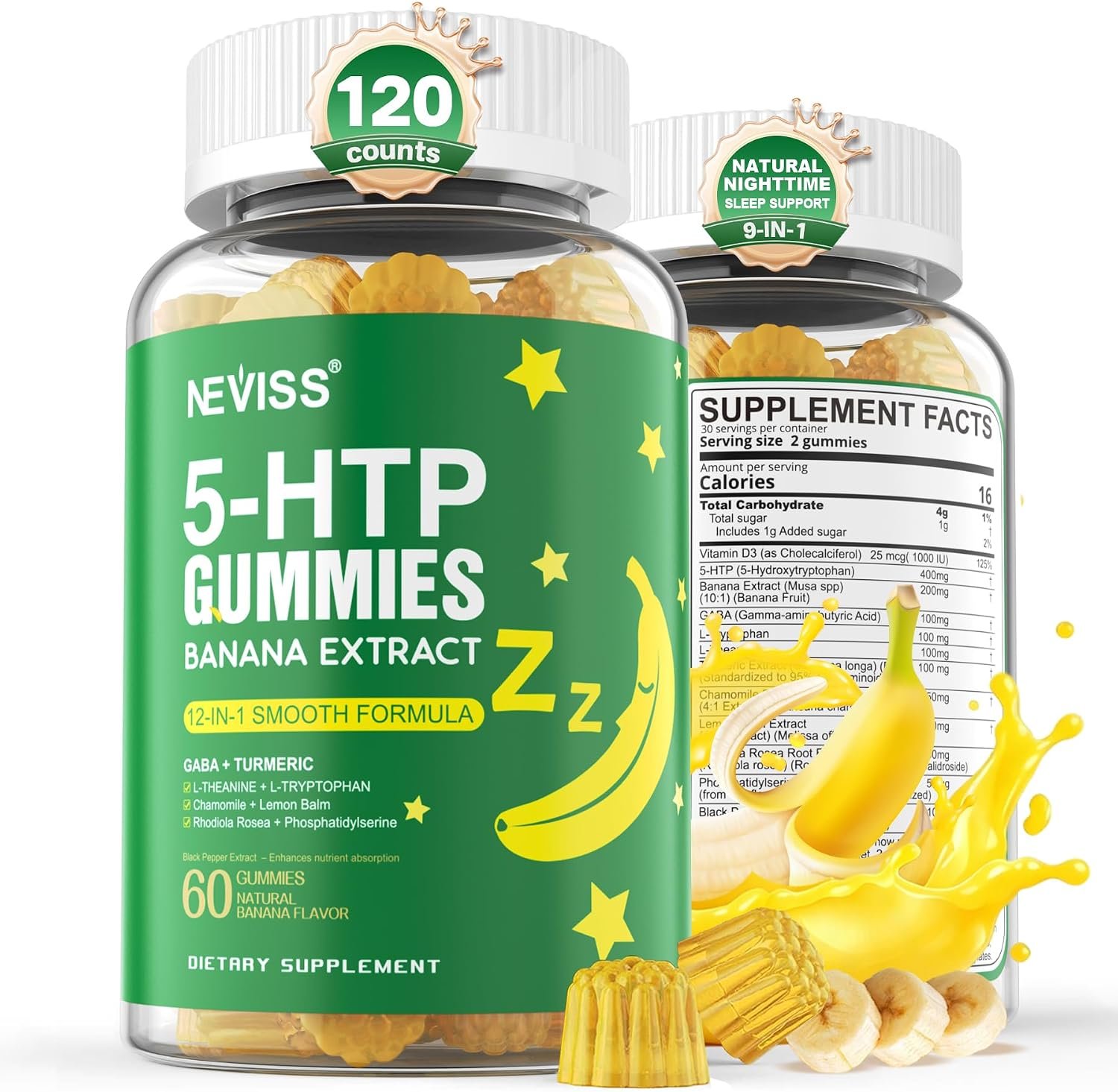 5-HTP 400mg Gummies with GABA, Banana Extract, Melatonin Free Gummy, 120Cts