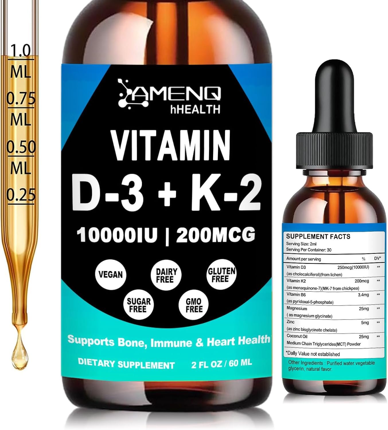 Vitamin D3 K2 10000 iu Supplement, 5-IN-I D3 & K2 as MK-7 Complex Liquid