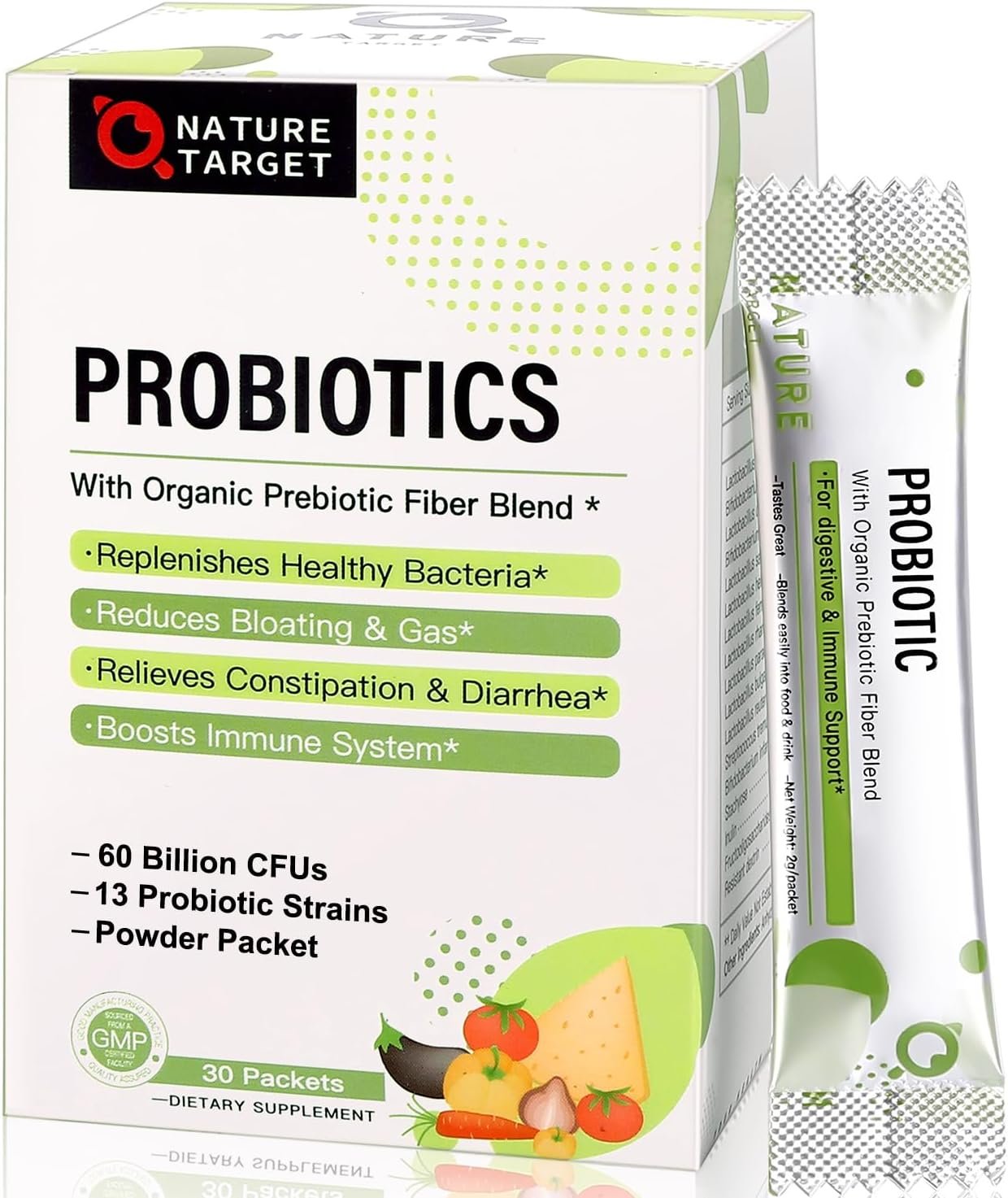 NATURE TARGET Probiotic Powder for Women & Kids, 60 Billion CFU, 30 Packets