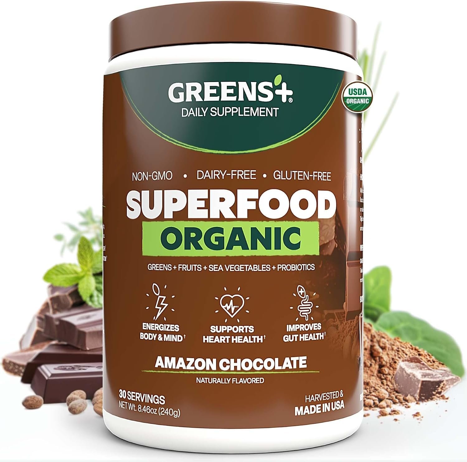 Greens+ Organic Superfood Energy Powder | Amazon Chocolate | 8.46 oz