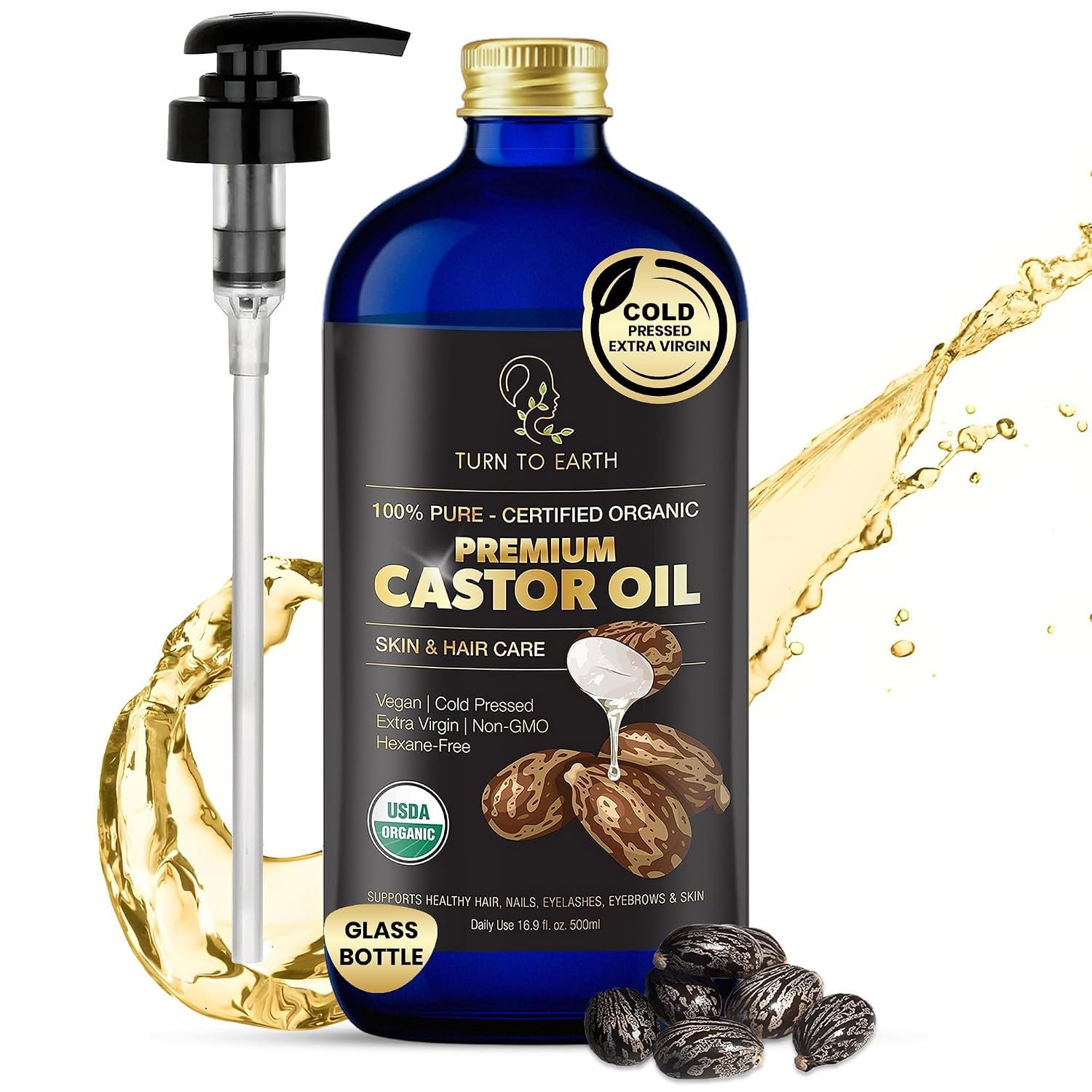 Organic Castor Oil, Cold Pressed, Glass Bottle, USDA Certified Premium Organic, Unrefined, Hexane Free, for Hair Growth, Radiant Skin, Eyebrows, Lashes and Fuller Hair, 16.9 oz w/ Pump (Made in USA)