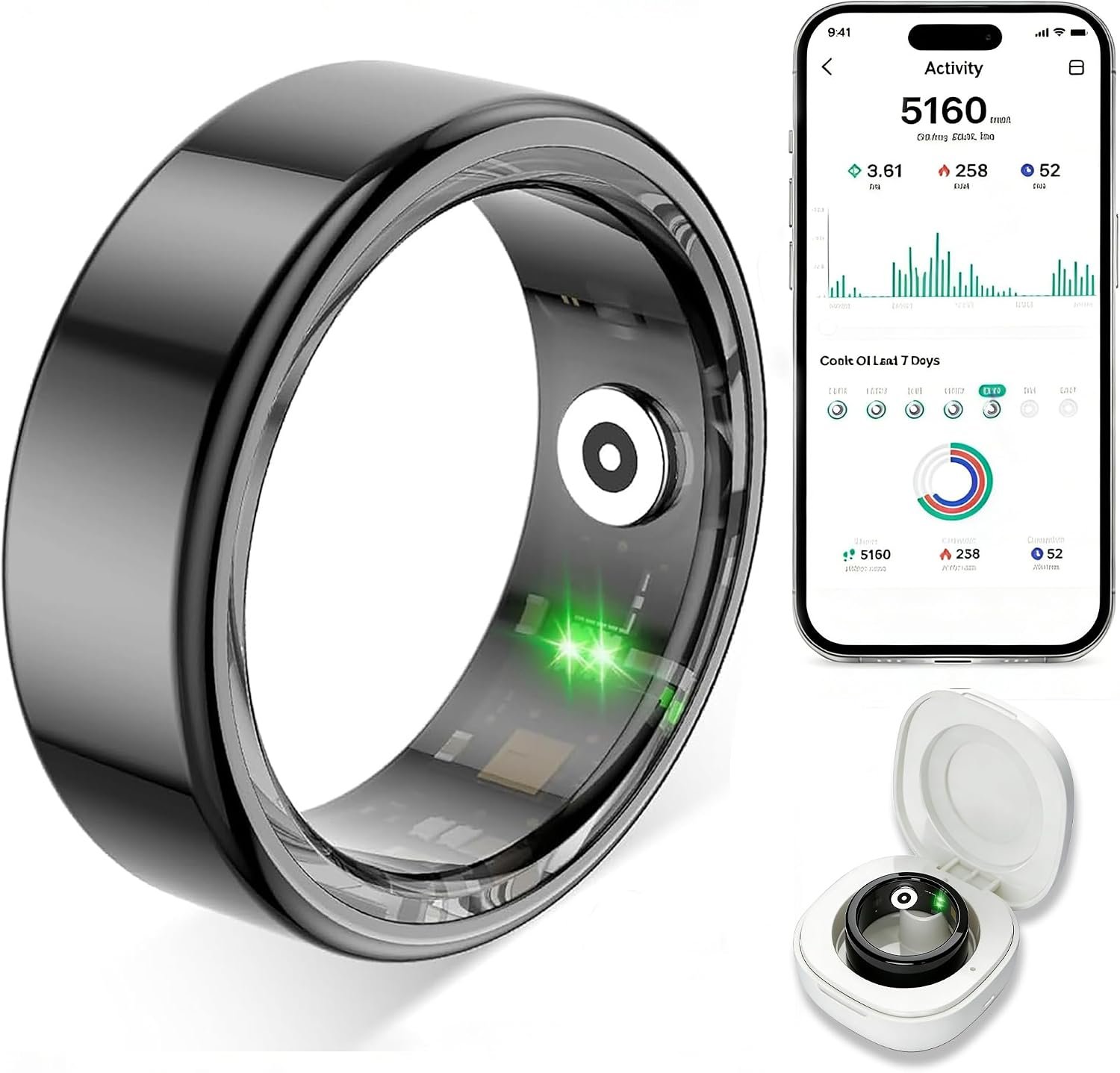 Smart Ring for Women Men,Fitness Tracker Ring with Heart Rate, Sleep Monitoring, Blood Oxygen, Step Counting for iOS and Android, No Subscription Fee, Waterproof（Black,7）