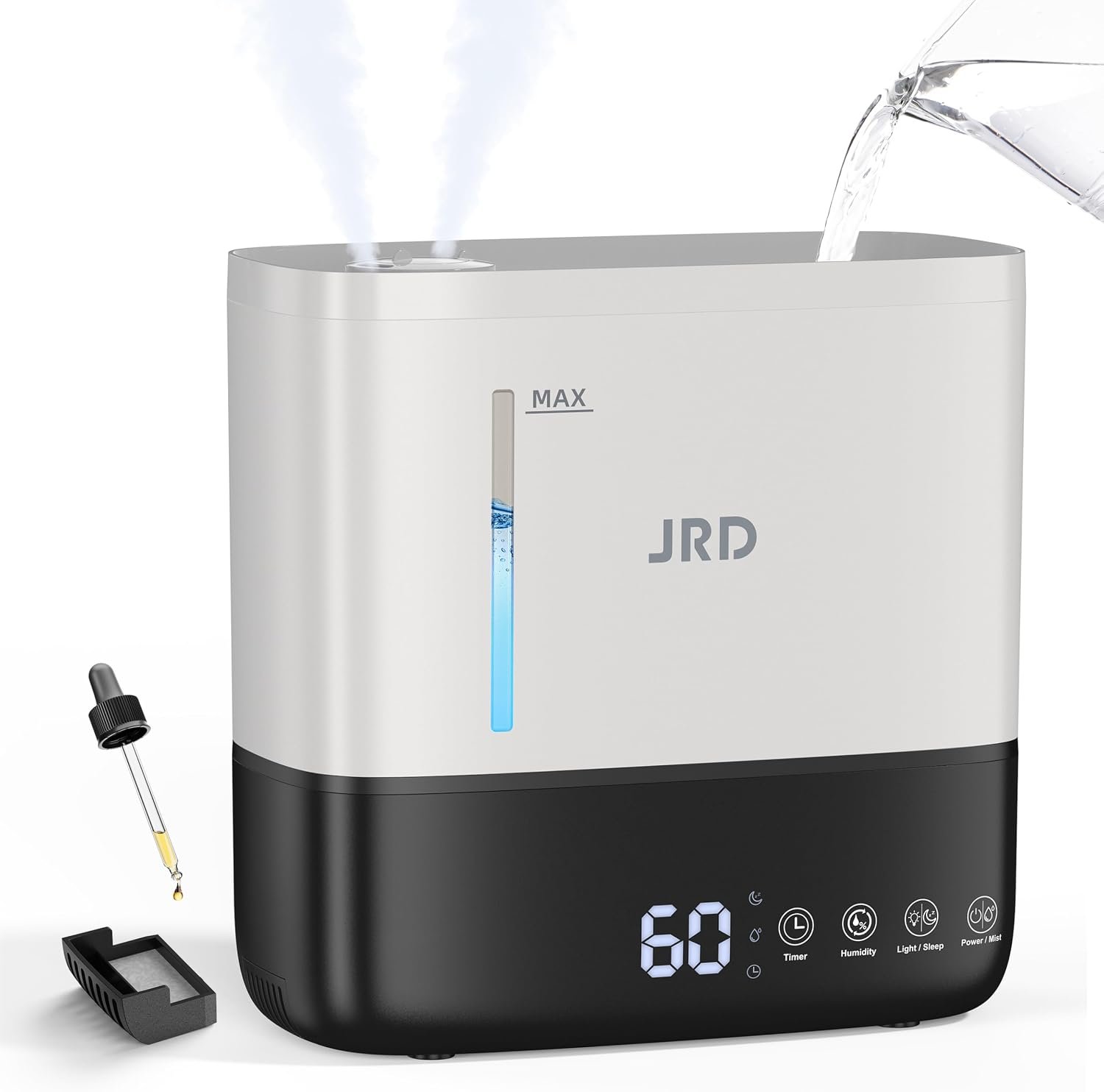 JRD Humidifiers for Bedroom, Ultrasonic Humidifier 4L for Large Room, Cool Mist Top-Fill, 40H Run, 12H Timer, 360° Nozzle, Aroma Diffuser, 7-Color Night Light for Home, Office, Baby-White