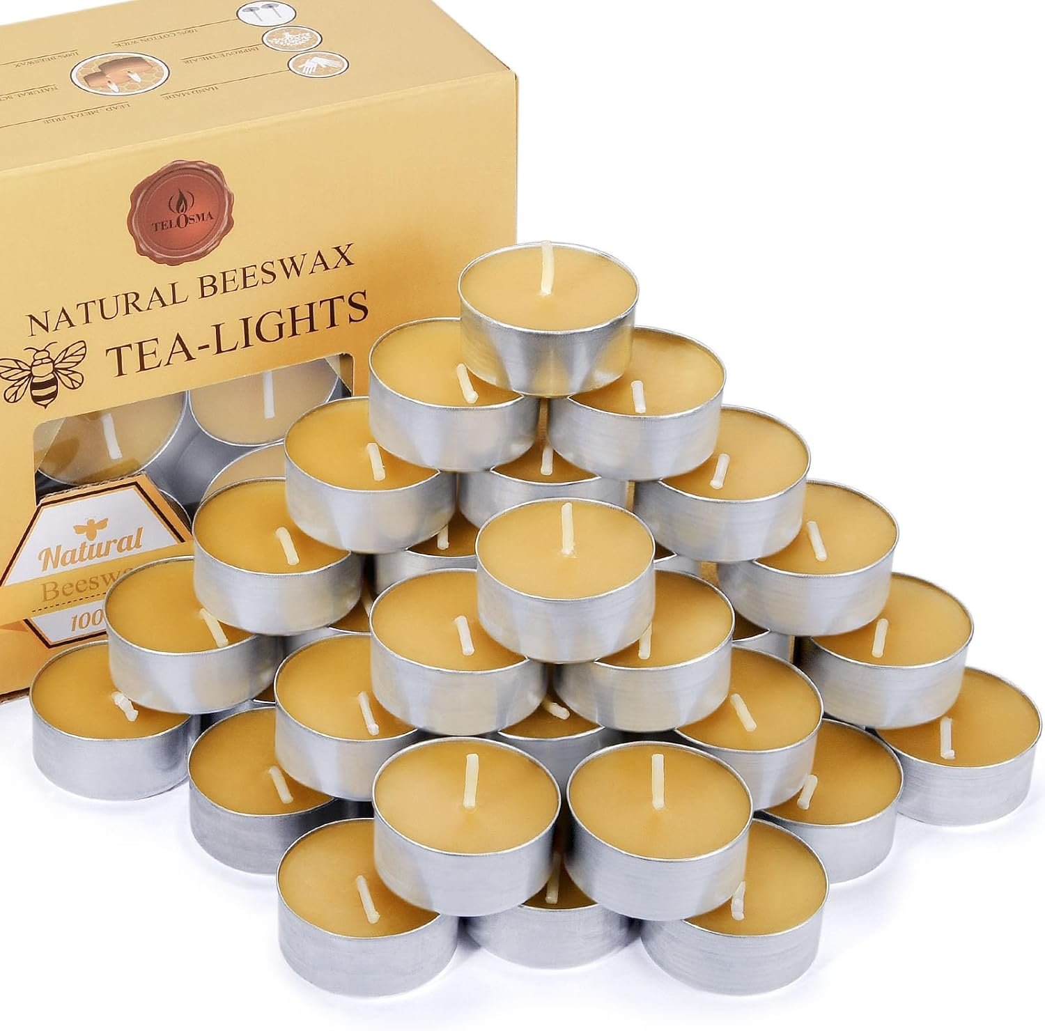 Natural Beeswax Tea Candles in Metal Aluminum Cup, Yellow, Pack of 36